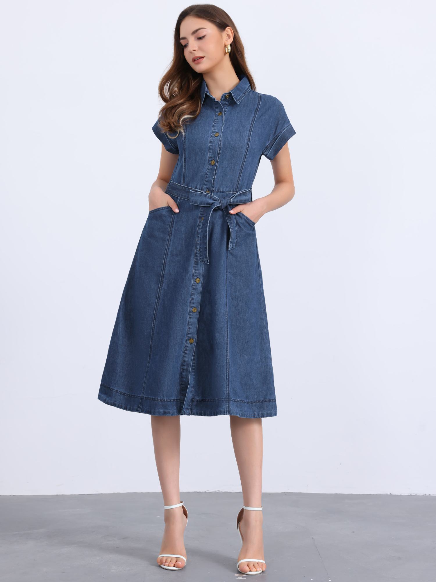 Denim Button Down Short Sleeves Belted Midi Dress Dark Blue/S