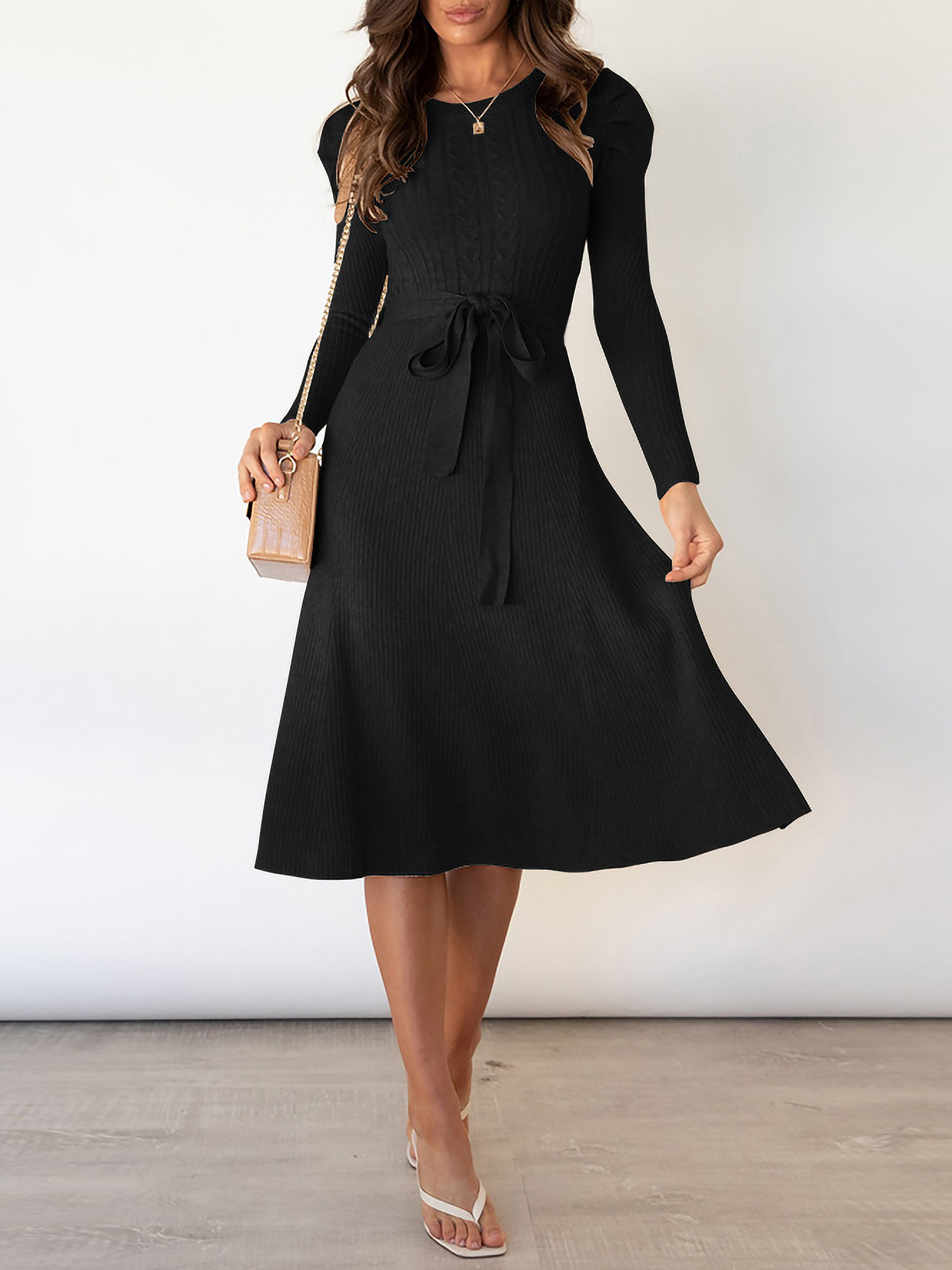 Puff Long Sleeves Knitted Lace-Up Midi Sweater Dress Black/2XL