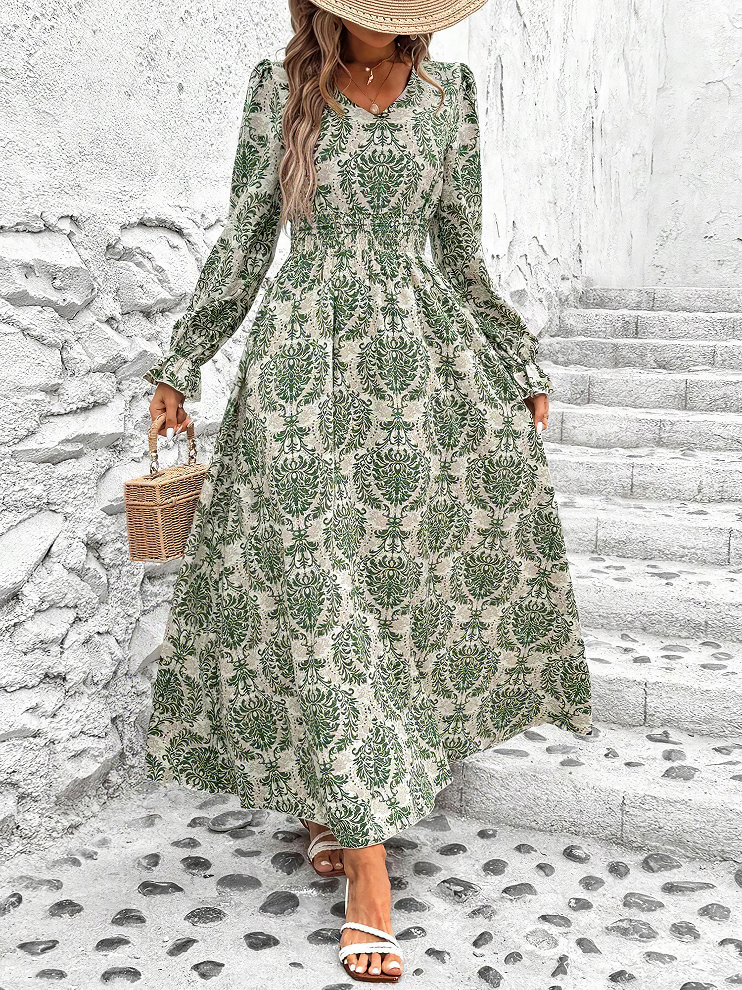 Boho-Chic Floral V Neck Long Sleeve Smocked Waist Swing Maxi Casual Dress Green/XL