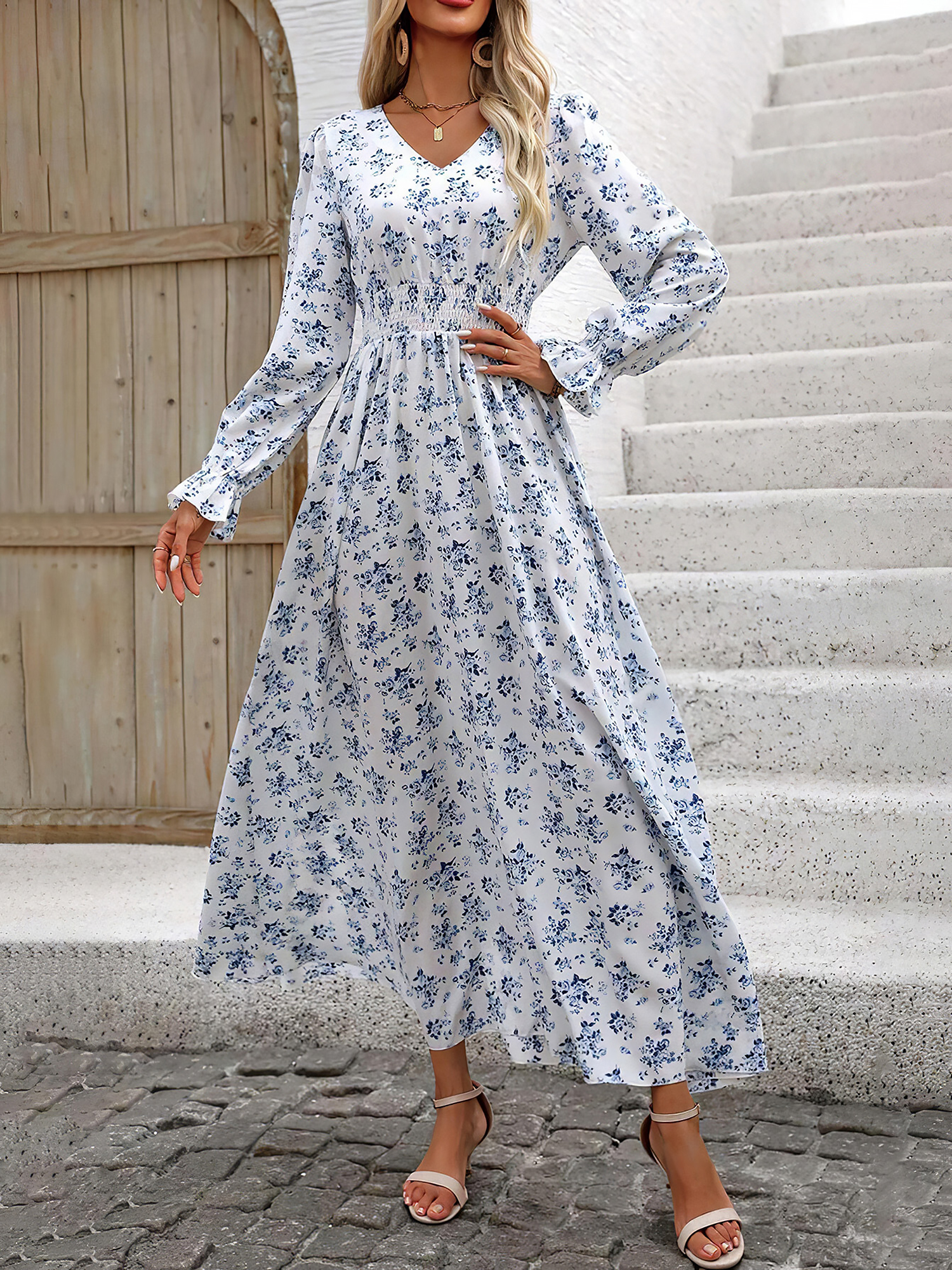 Boho-Chic Floral V Neck Long Sleeve Smocked Waist Swing Maxi Casual Dress White/S