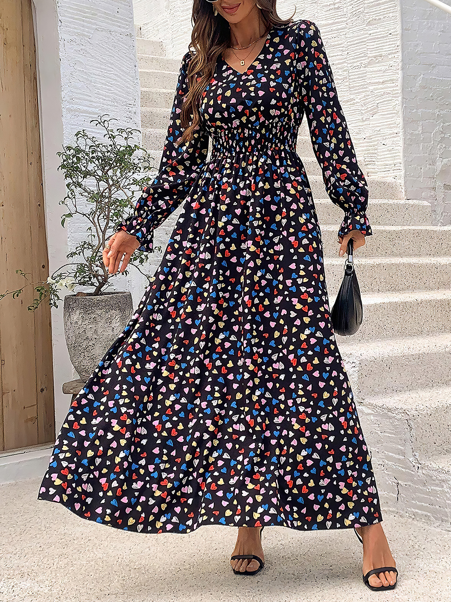 Boho-Chic Floral V Neck Long Sleeve Smocked Waist Swing Maxi Casual Dress Black/S