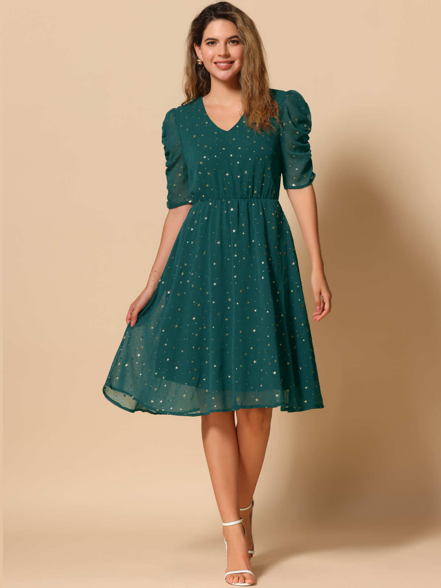 Metallic Stars Ruched Sleeve V Neck A-line Chiffon Dress Green/L