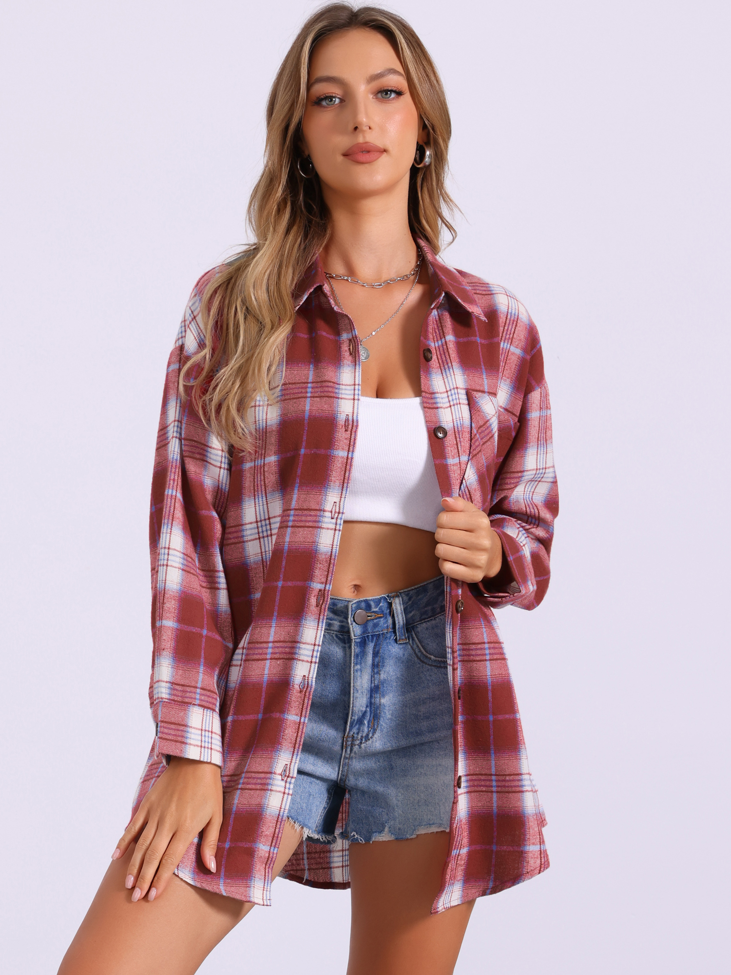 Flannel Plaid Oversized Long Sleeve Casual Button Down Shirt Dark Red/M
