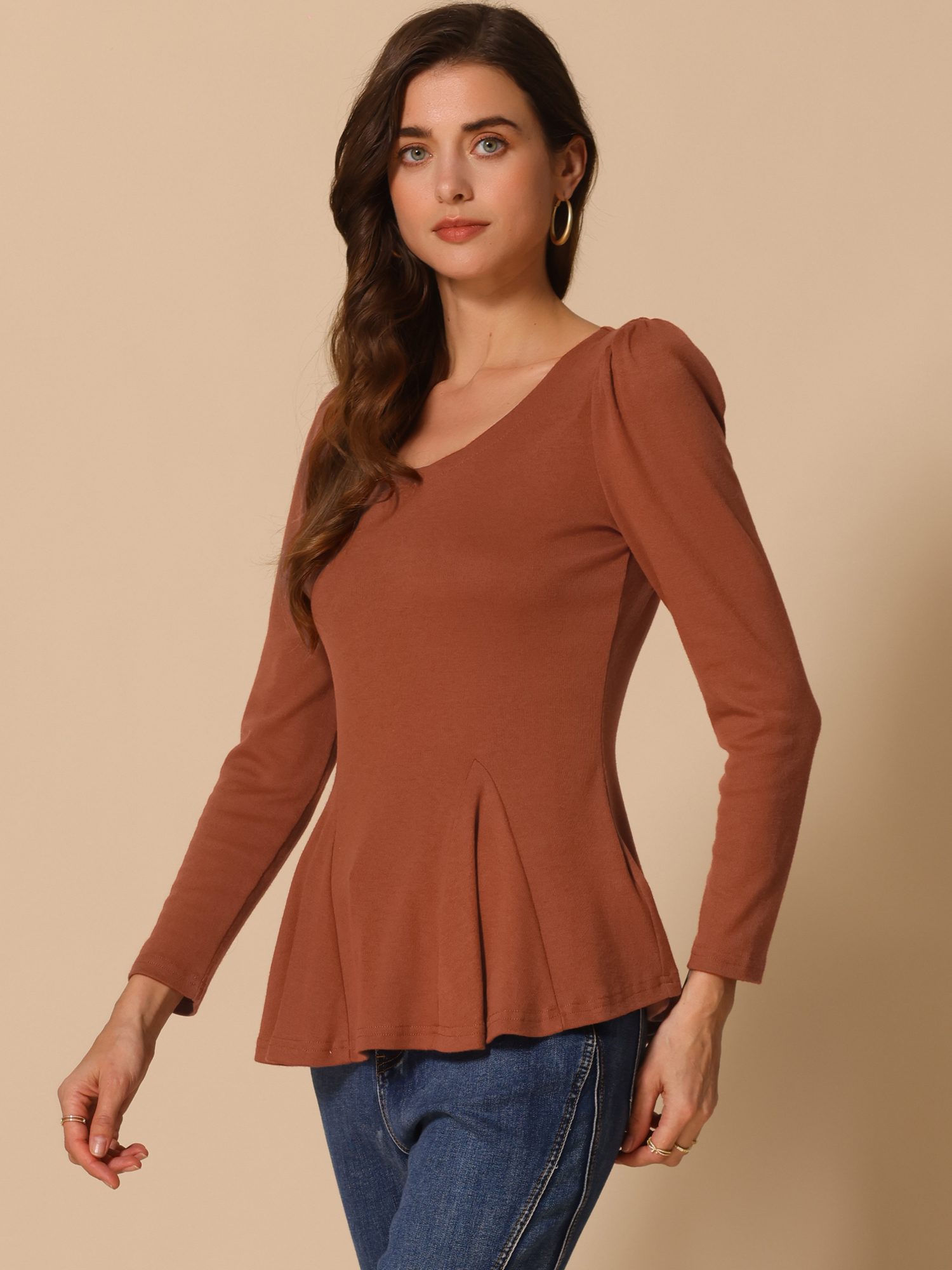 Long Sleeve Scoop Neck Casual Peplum Blouse Brown/L