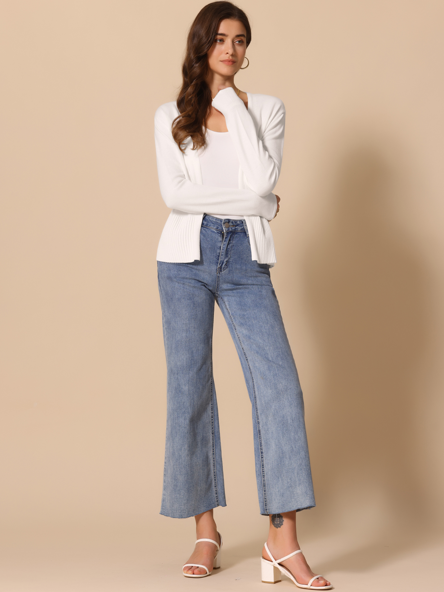 Casual Open Front Long Sleeve Knitted Cardigan White/L