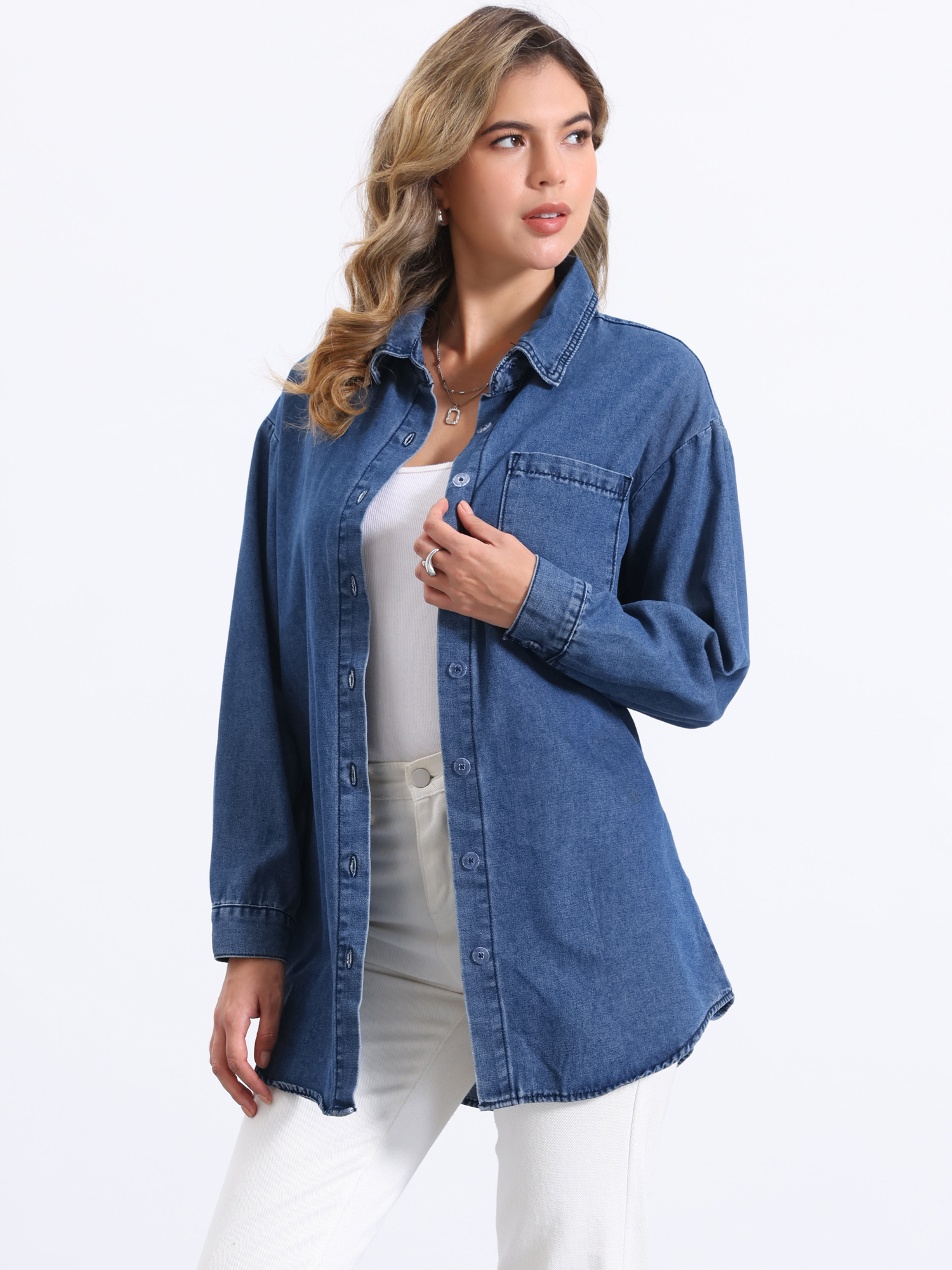 Long Sleeve Button Down Chambray Jean Denim Shirt Blue/XS