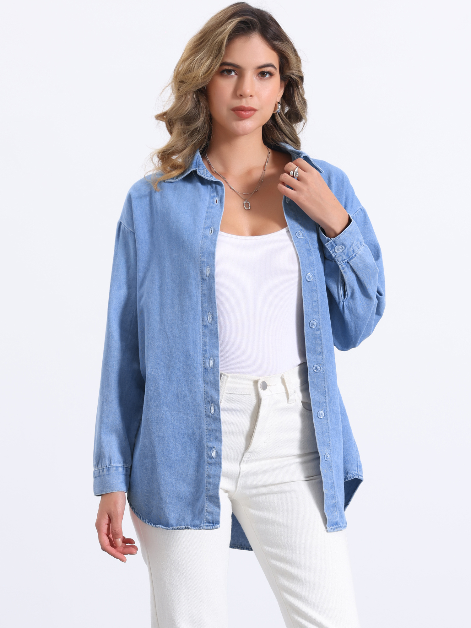 Long Sleeve Button Down Chambray Jean Denim Shirt Light Blue/M
