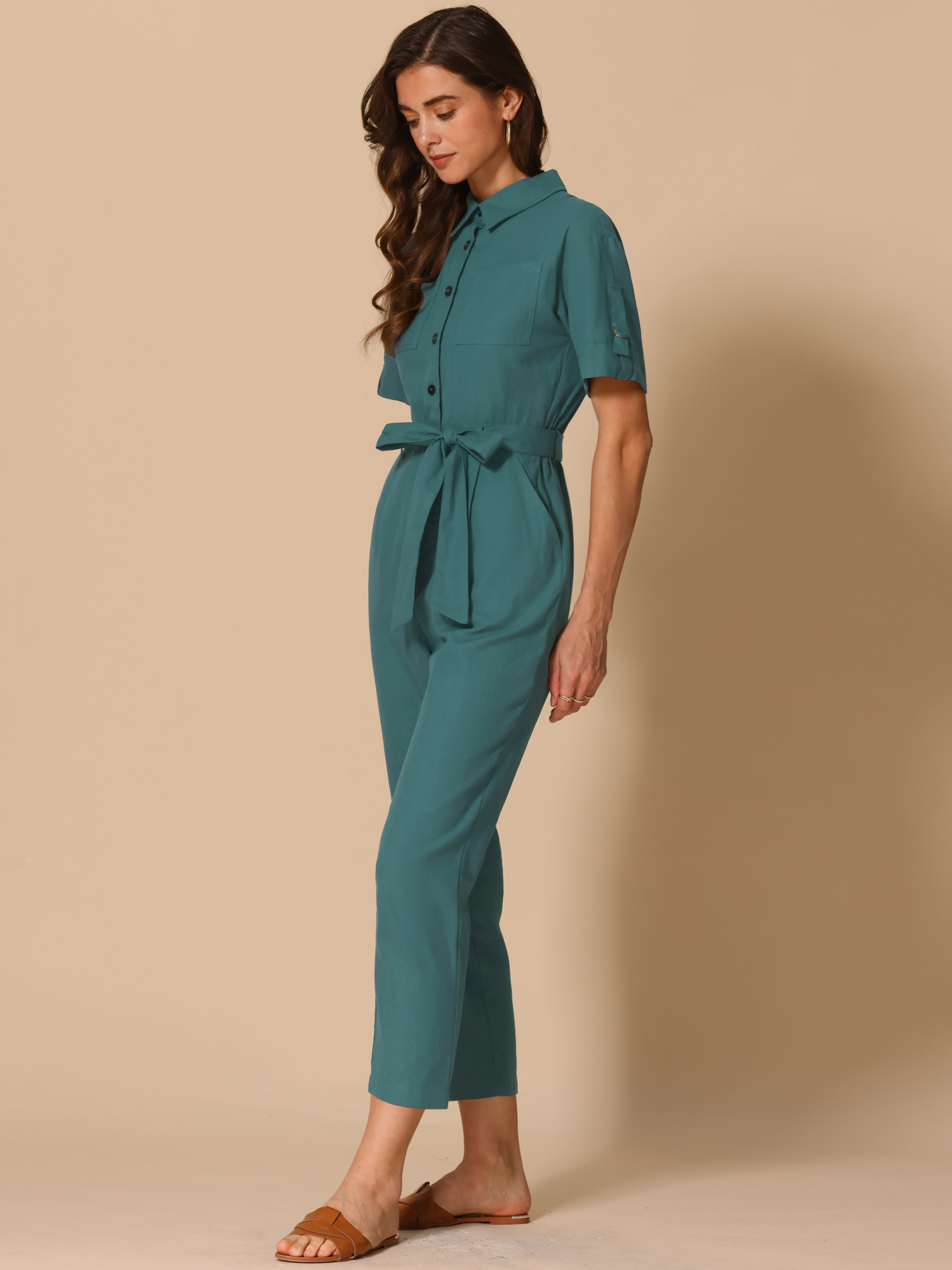 Short Sleeve Button Down Belted Tie Waist Cotton Cargo Jumpsuit Blue Green/M