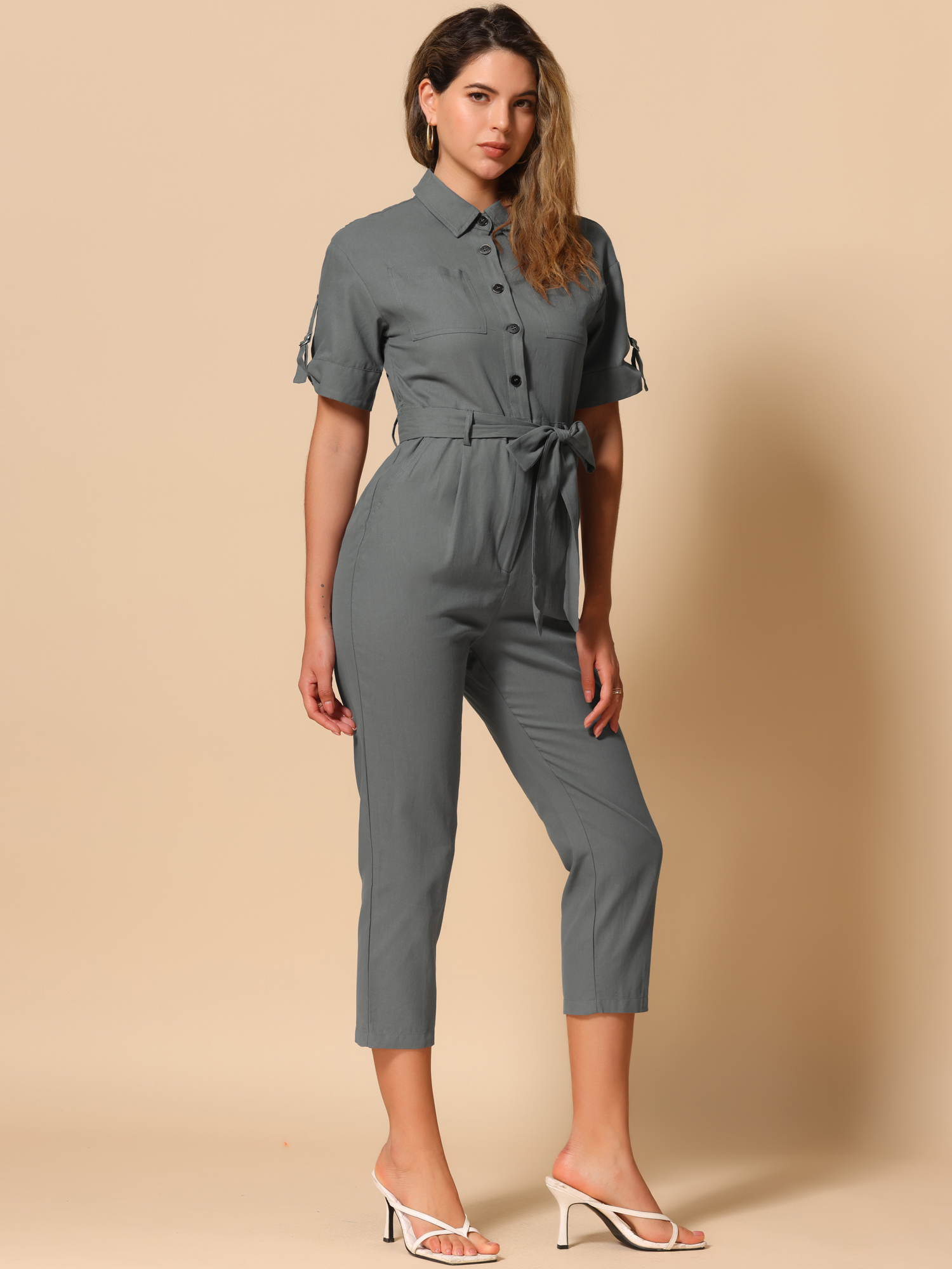 Short Sleeve Button Down Belted Tie Waist Cotton Cargo Jumpsuit Dark Gray/L