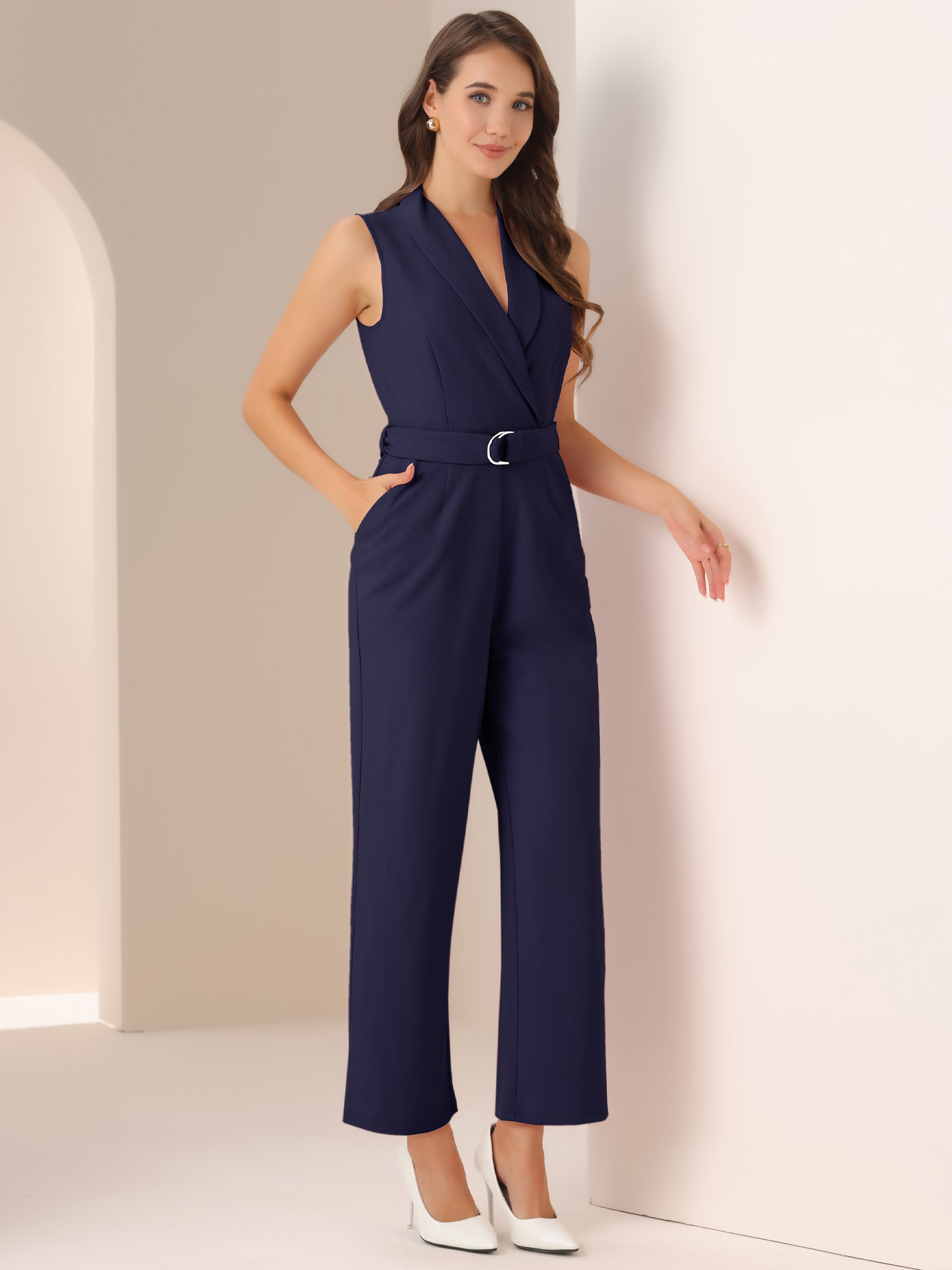 Elegant Office Work Sleeveless Belted Long Jumpsuit Navy Blue/XL