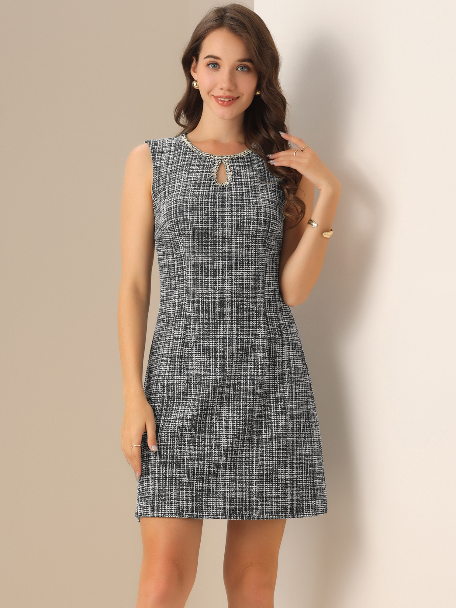 Tweed Keyhole A-Line Sleeveless Work Dress Black/S