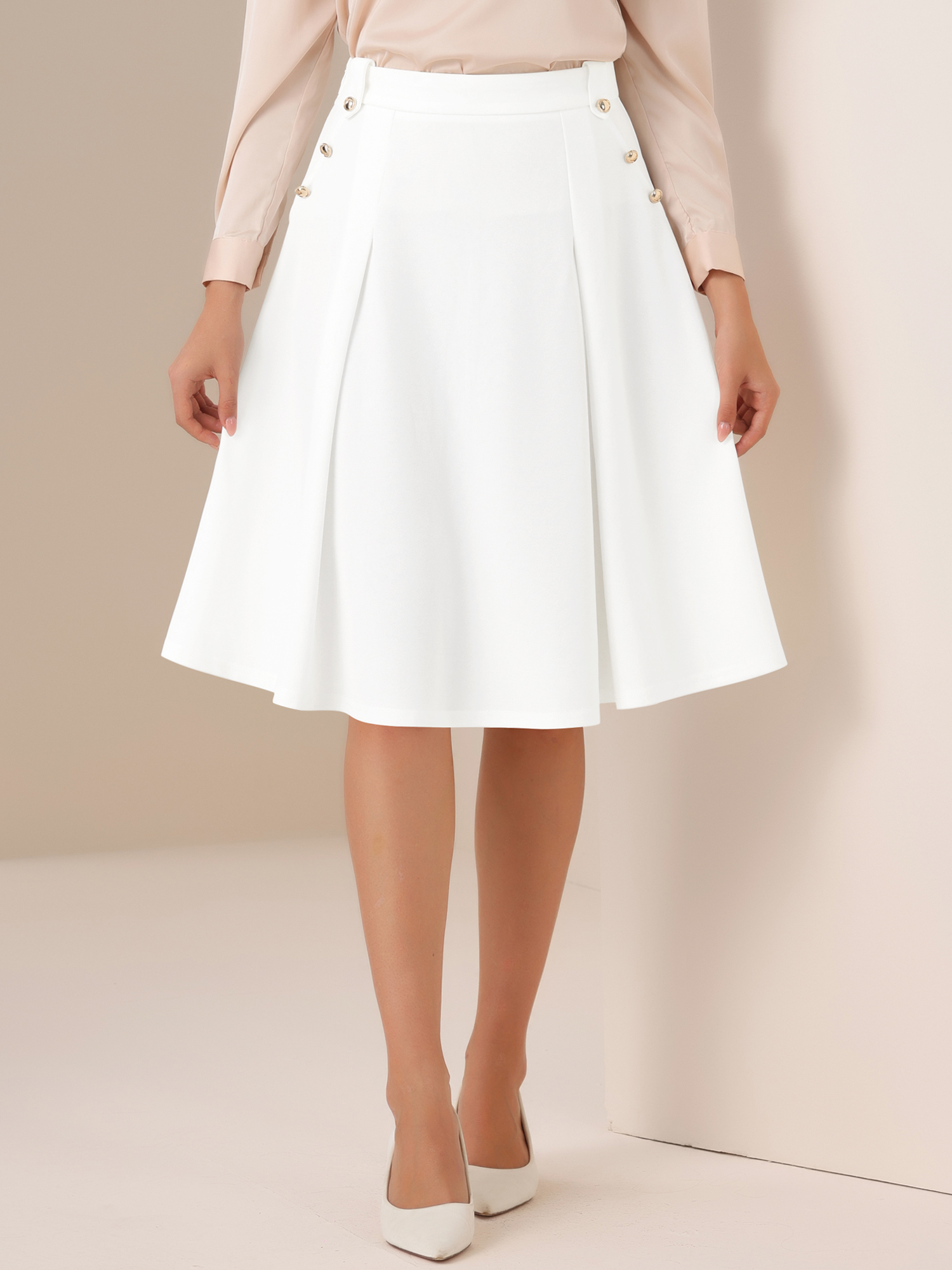 Women's High Waist Button Decor Vintage Pleated Flared Midi Skirt White/S