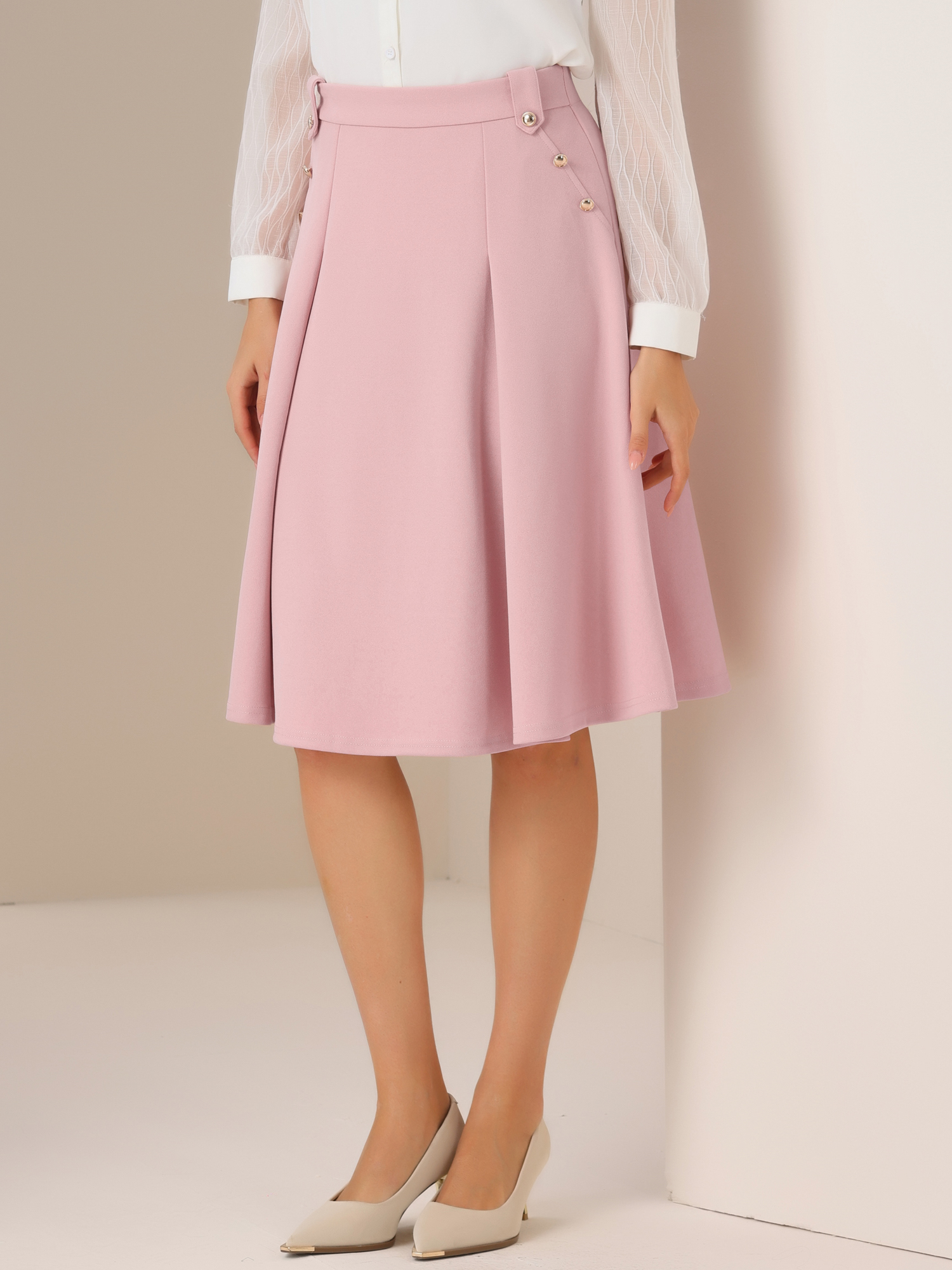 Women's High Waist Button Decor Vintage Pleated Flared Midi Skirt Pink/XL