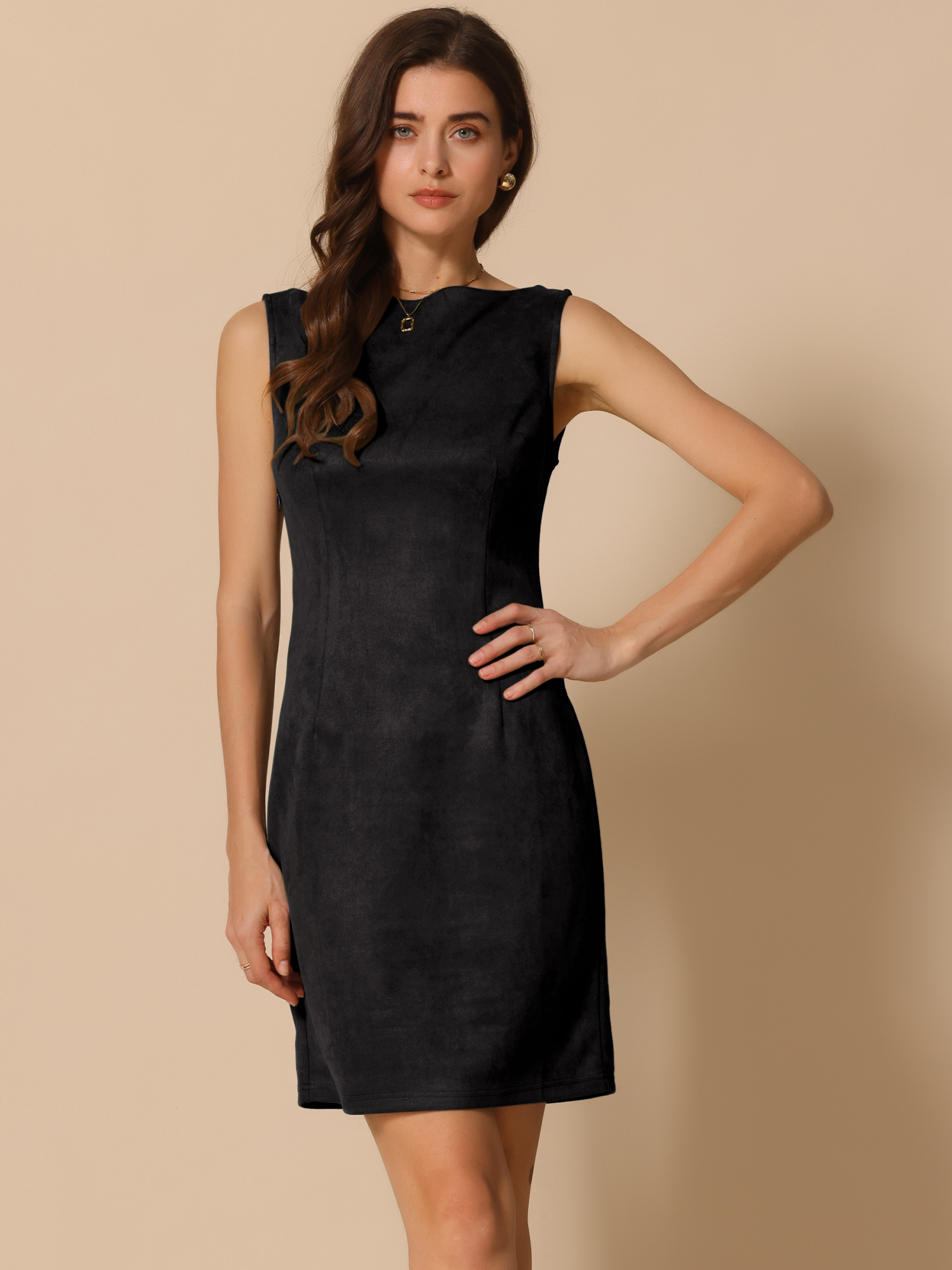 Faux Suede Boat Neck Sleeveless Sheath Midi Dress Black/XL