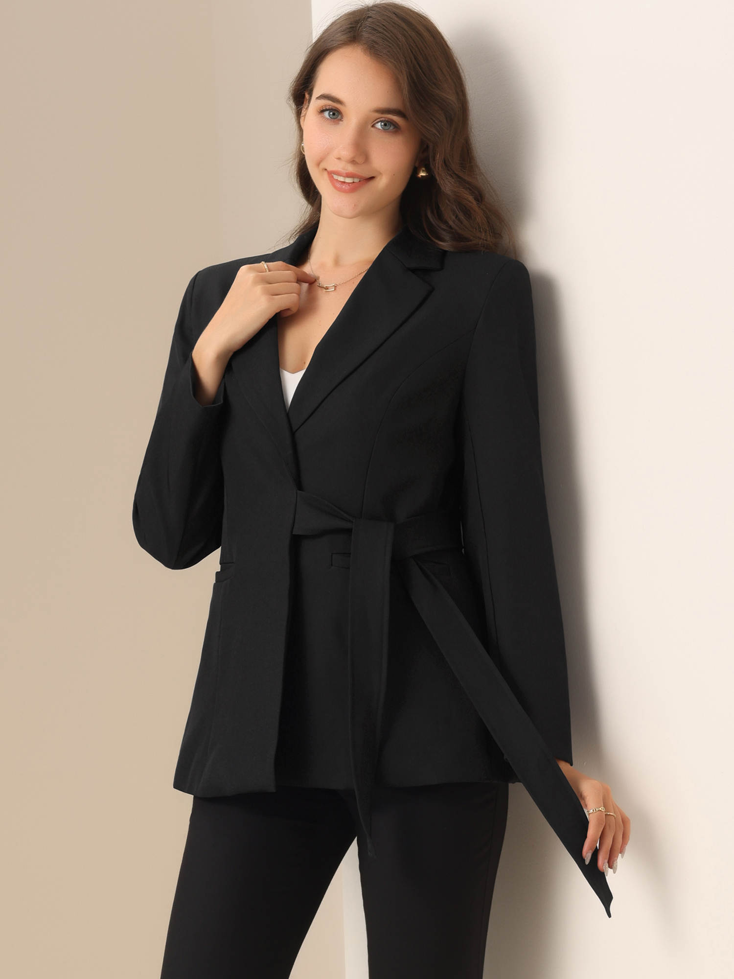 Work Office Lapel Long Sleeve Lace-Up Single Button Blazer Black/M