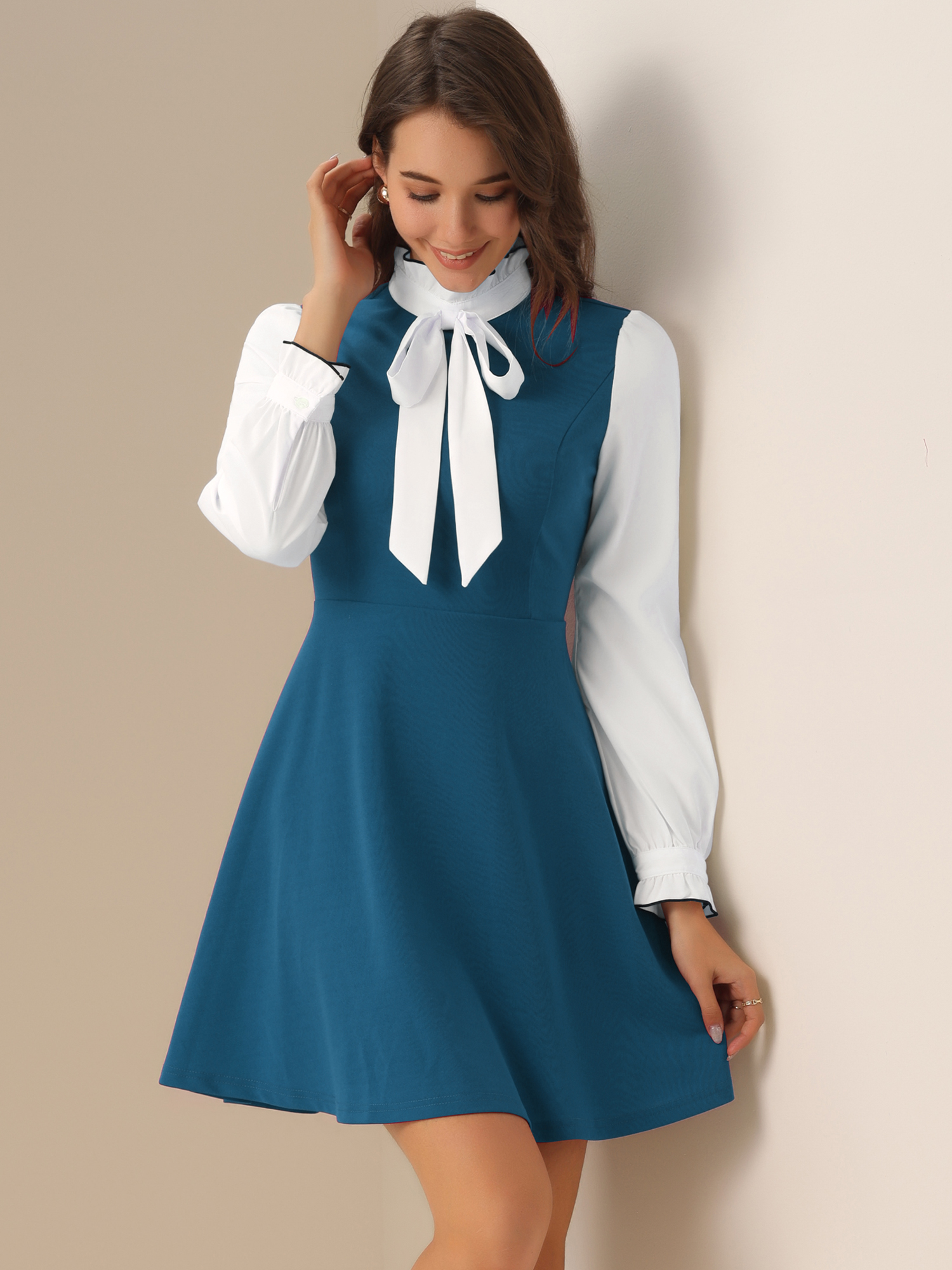 Patchwork Contrast Color Long Sleeve Tie Neck Mini Dress Lake Blue/L