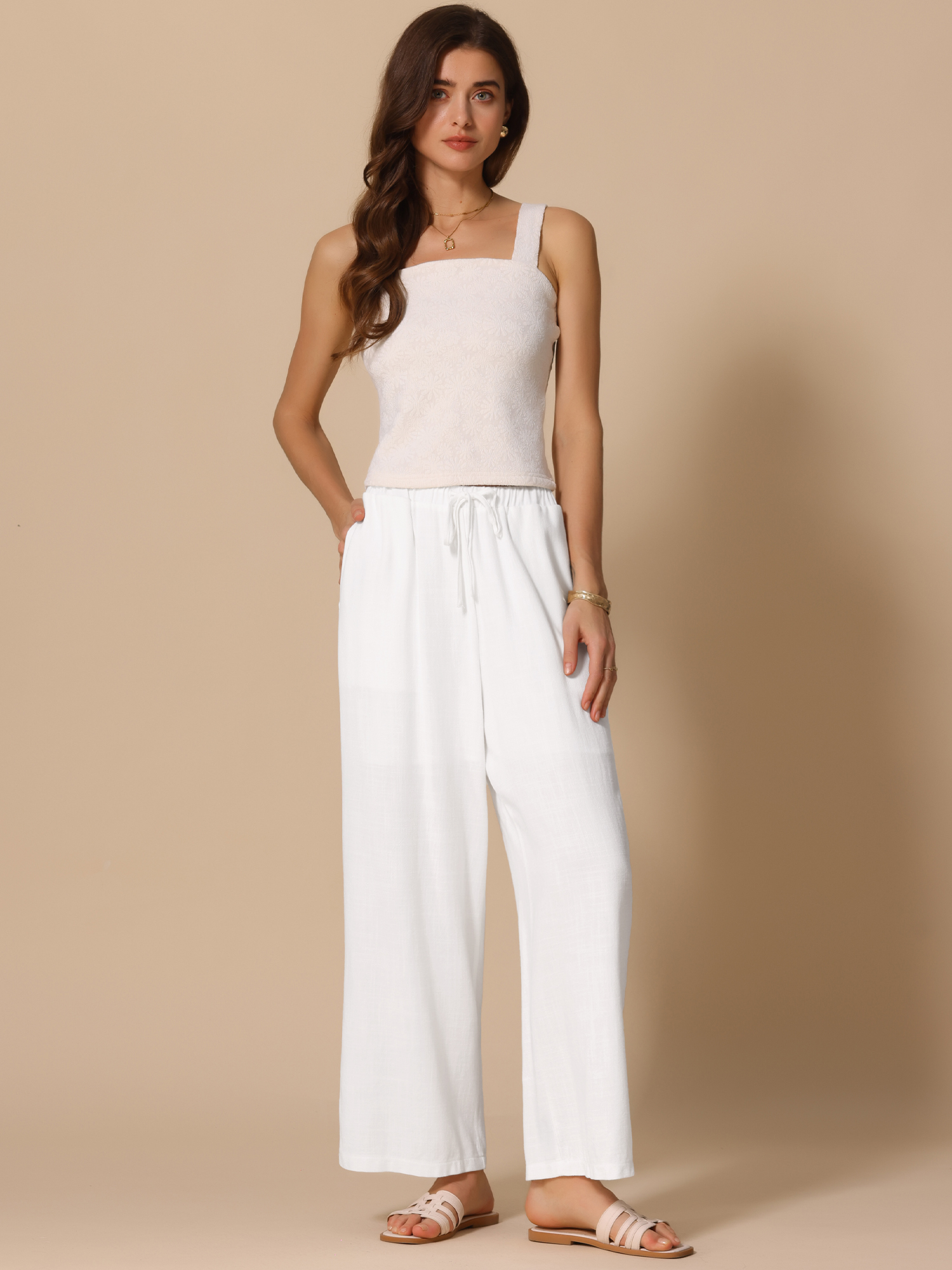 Linen Casual High Waist Drawstring Wide Leg Pants White/L