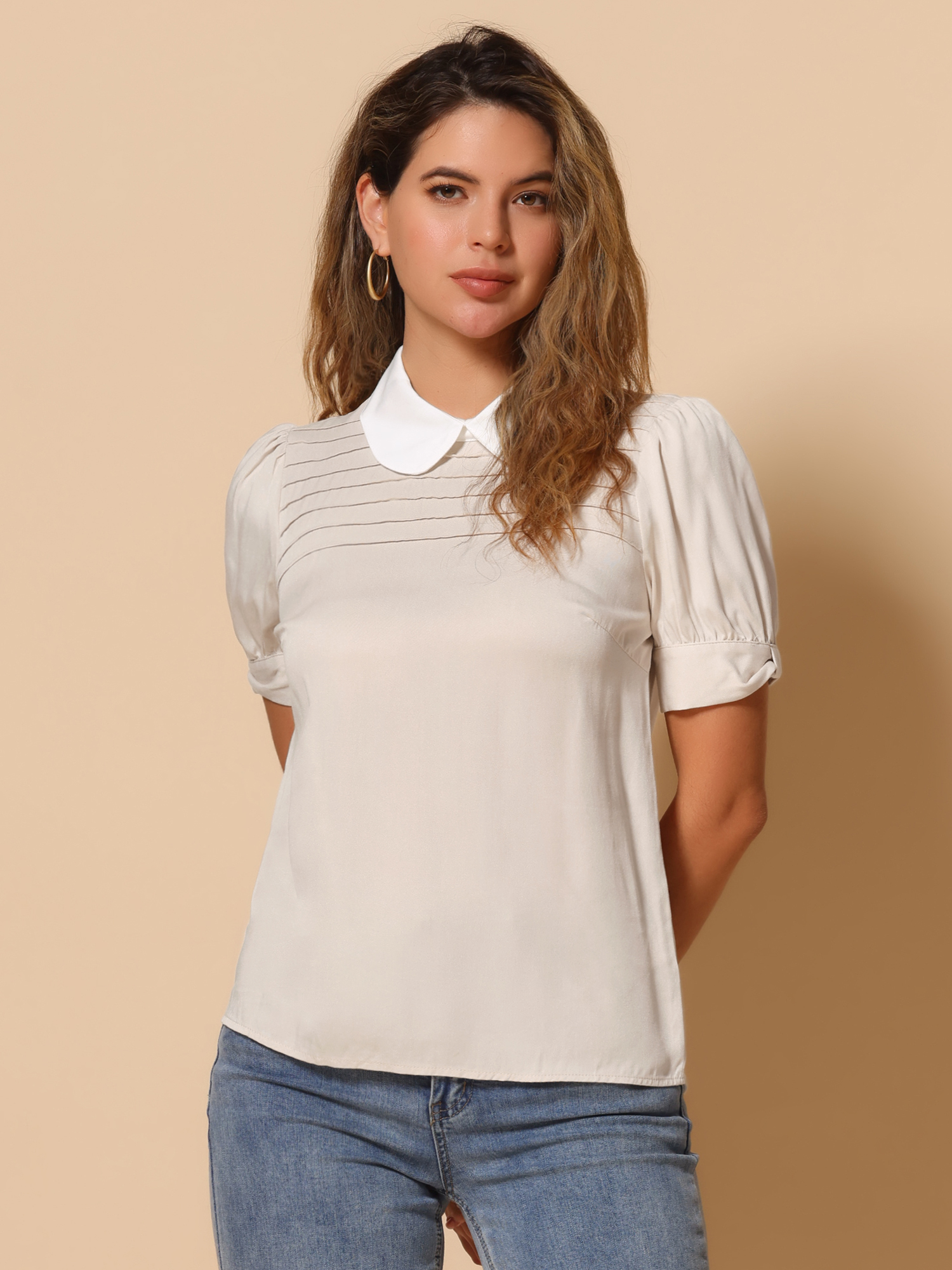 Pleated Contrast Peter Pan Collar Puff Short Sleeve Blouse Apricot/L