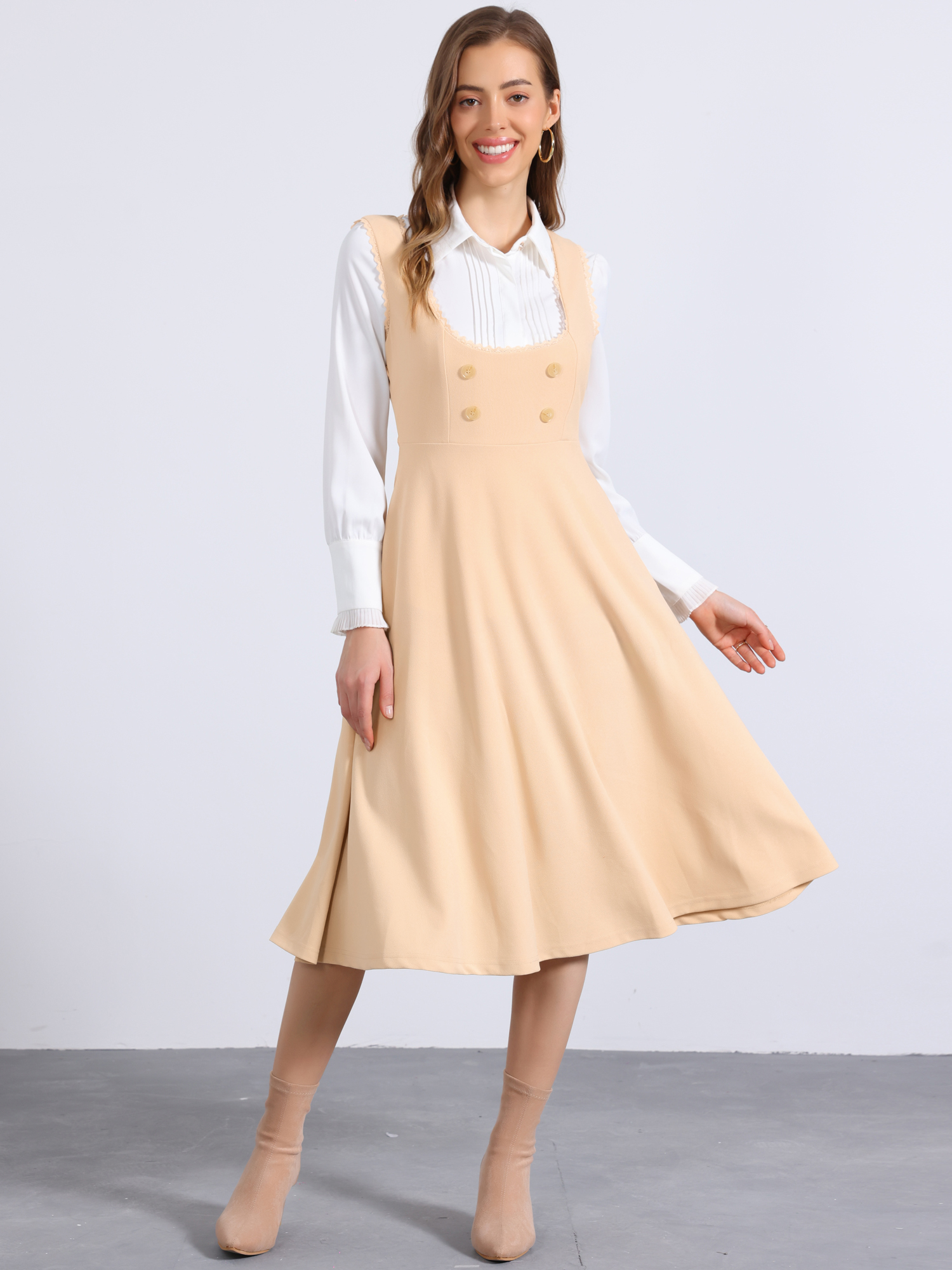 Lace Trim Button Decor Pockets Overalls Midi Pinafore Dress Beige/XL
