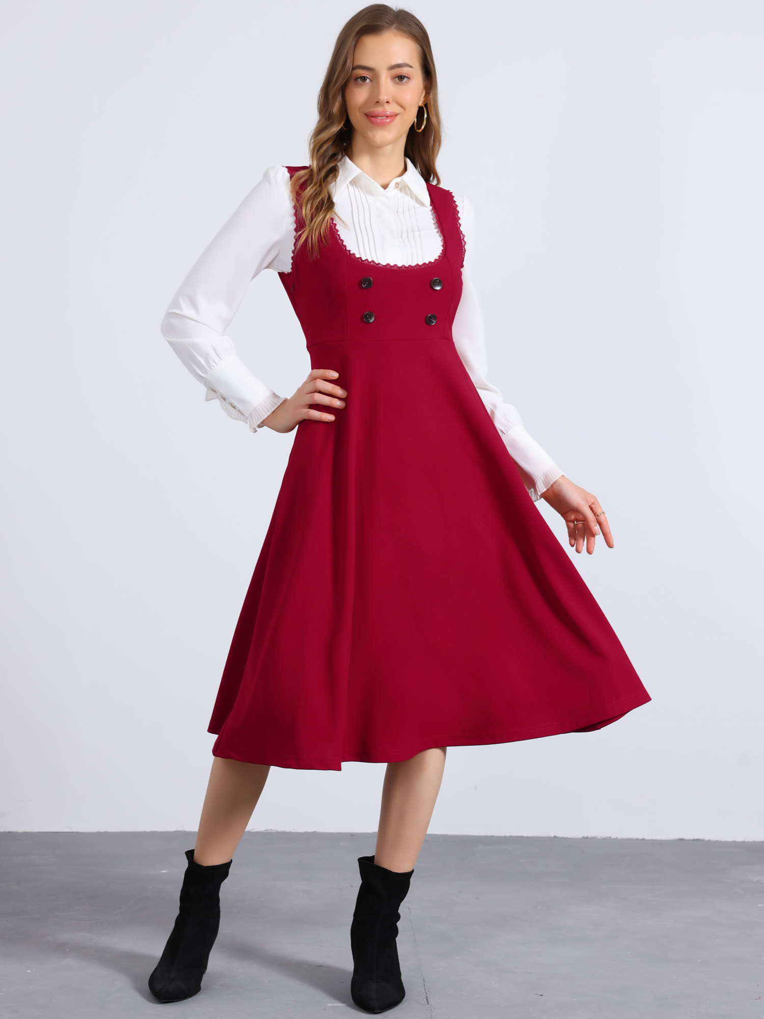 Lace Trim Button Decor Pockets Overalls Midi Pinafore Dress Red/S