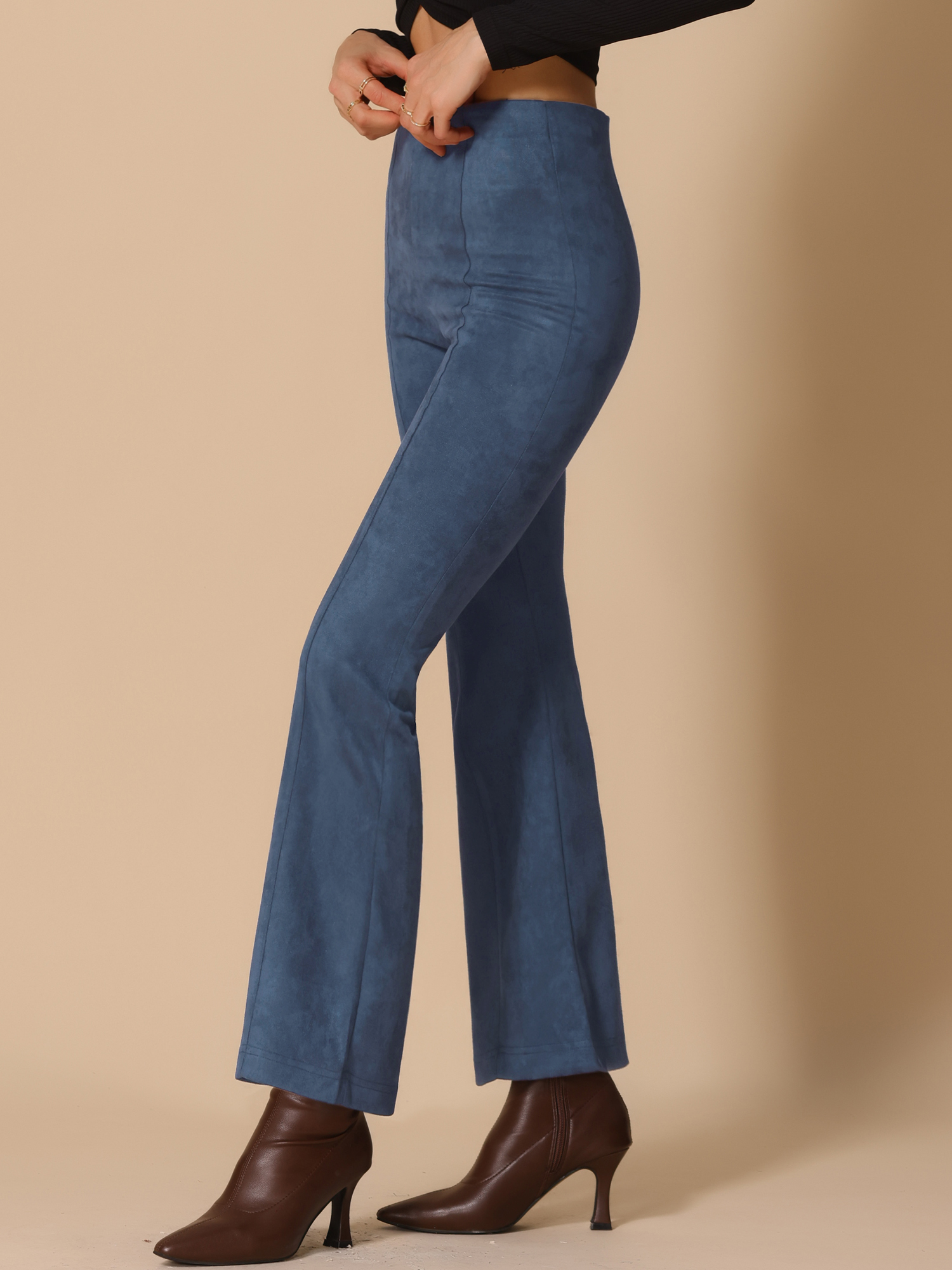 Faux Suede Wide Leg Casual Business Flared Bell Pants Navy Blue/S
