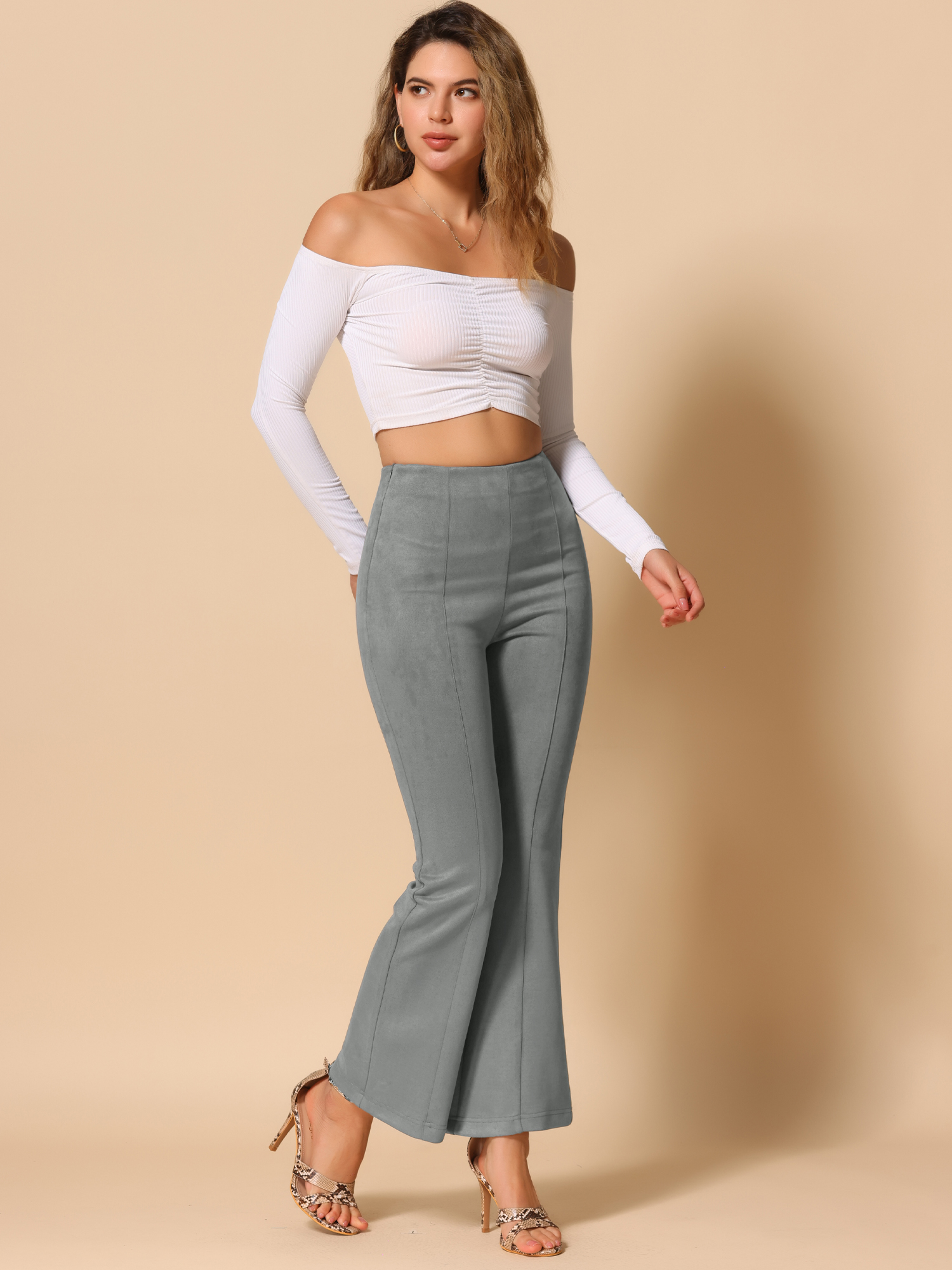 Faux Suede Wide Leg Casual Business Flared Bell Pants Grey/L