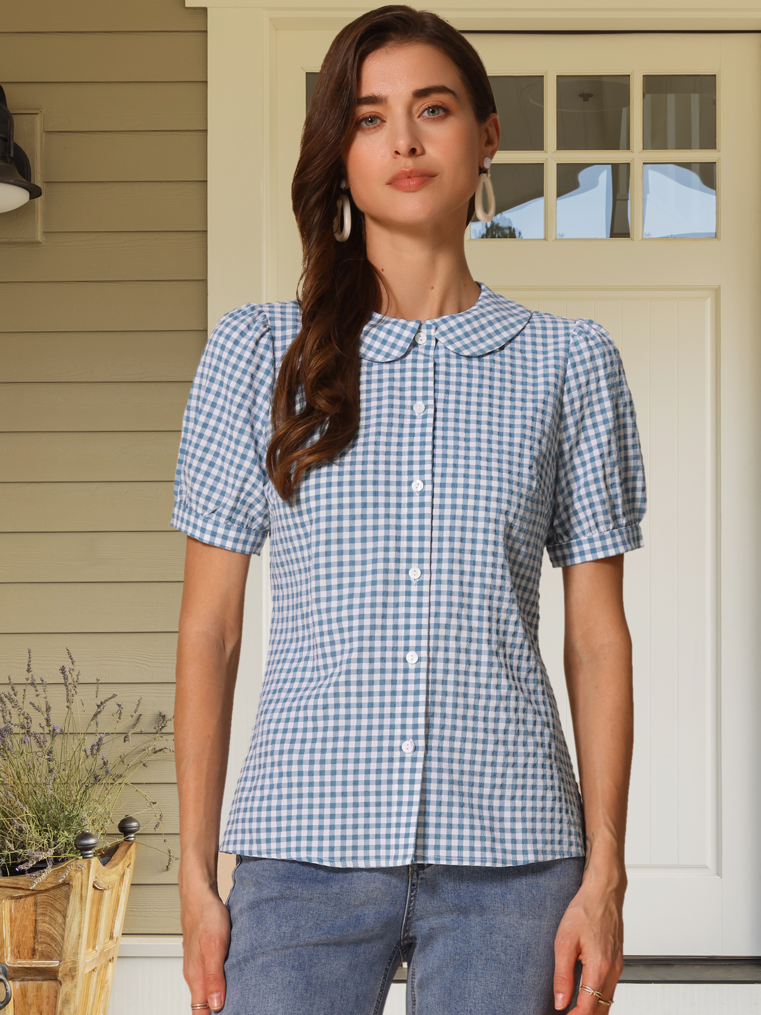 Plaid Puff Short Sleeve Gingham Peter Pan Collar Button Down Shirt Lake Blue/M
