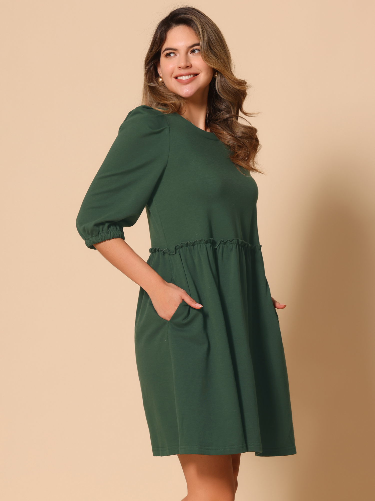 Scoop Neck Pocket Puff Sleeves Ruched Casual Midi Dress Dark Green/XL
