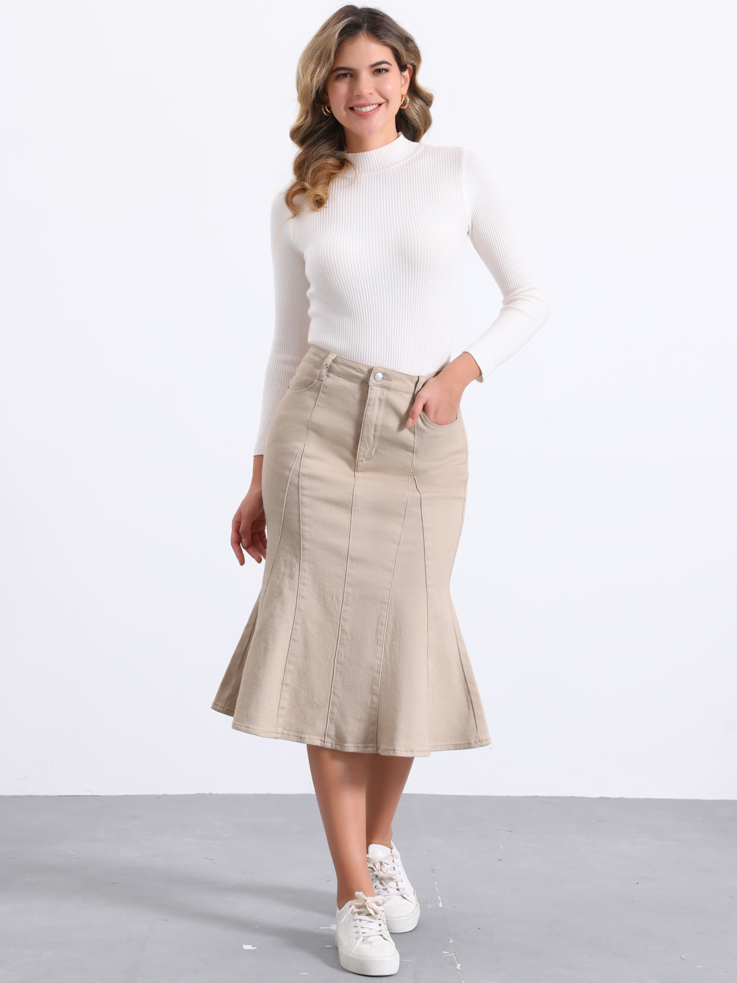 Fishtail Ruffle Bodycon High Waist Jean Denim Skirt Light Khaki/L