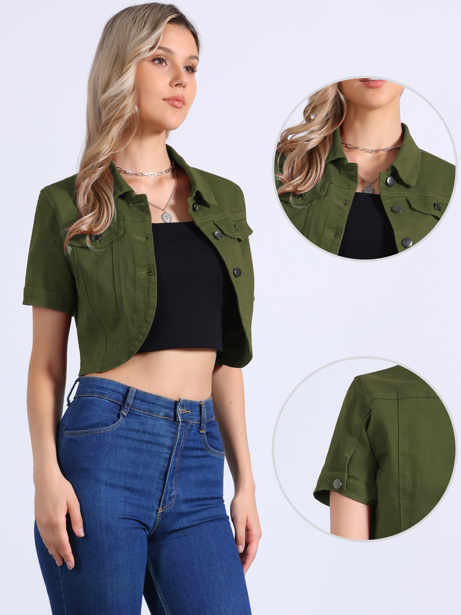 Casual Denim Turndown Collar Short Sleeves Crop Jean Jackets Green/M