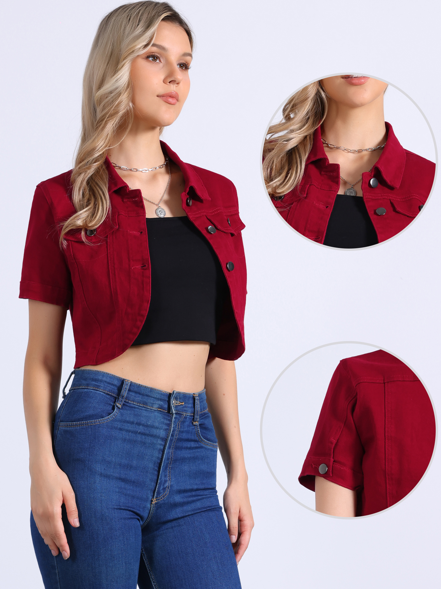 Casual Denim Turndown Collar Short Sleeves Crop Jean Jackets Red/M