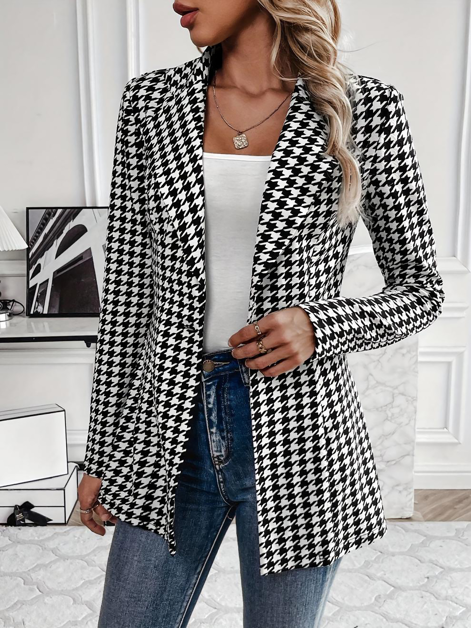 Classic Tailored Houndstooth Notched Lapel Long Sleeves Work Blazer Black/S
