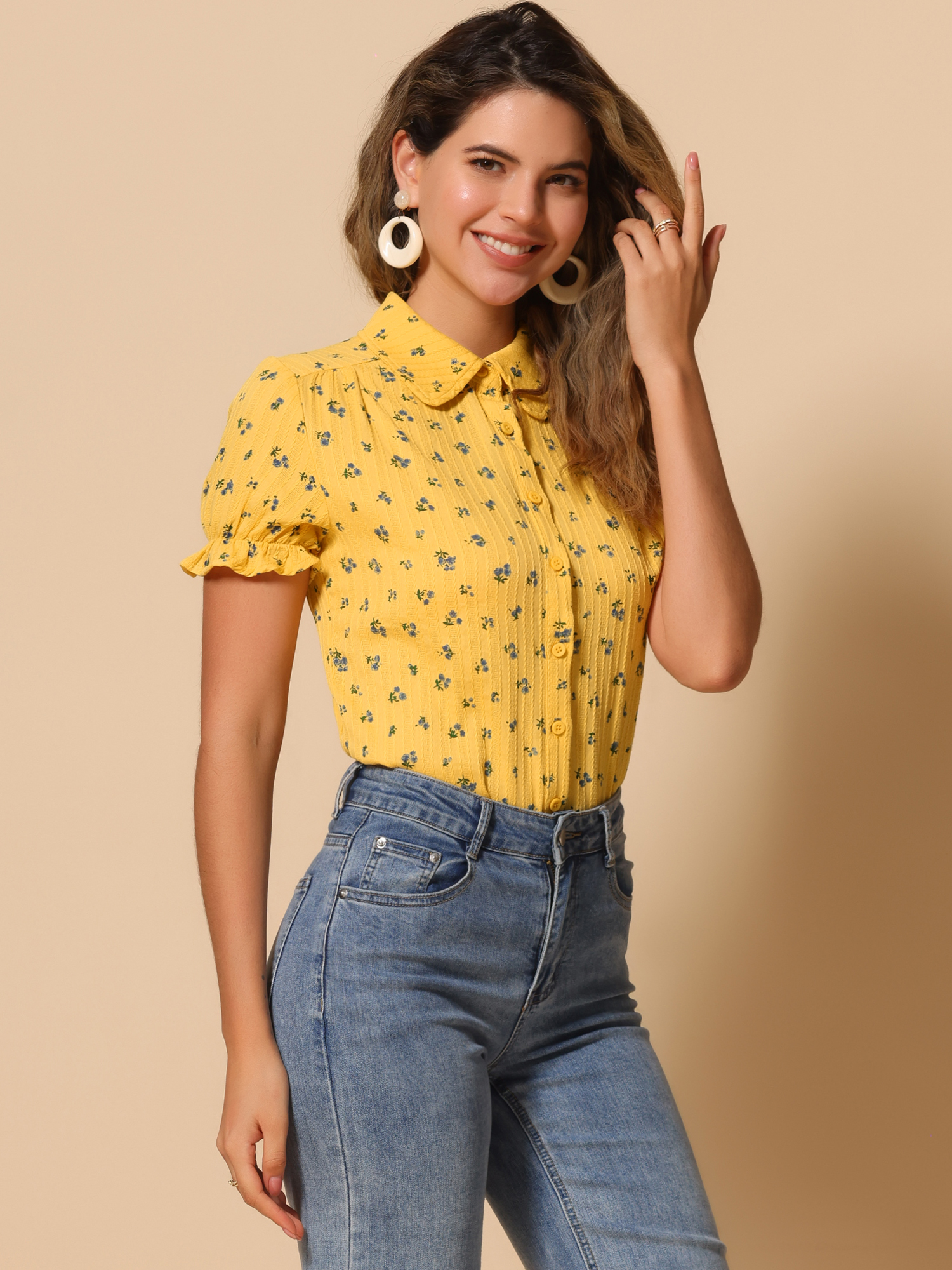 Floral Printed Peter Pan Collar Cotton Short Sleeve Shirt Yellow Purple/XS