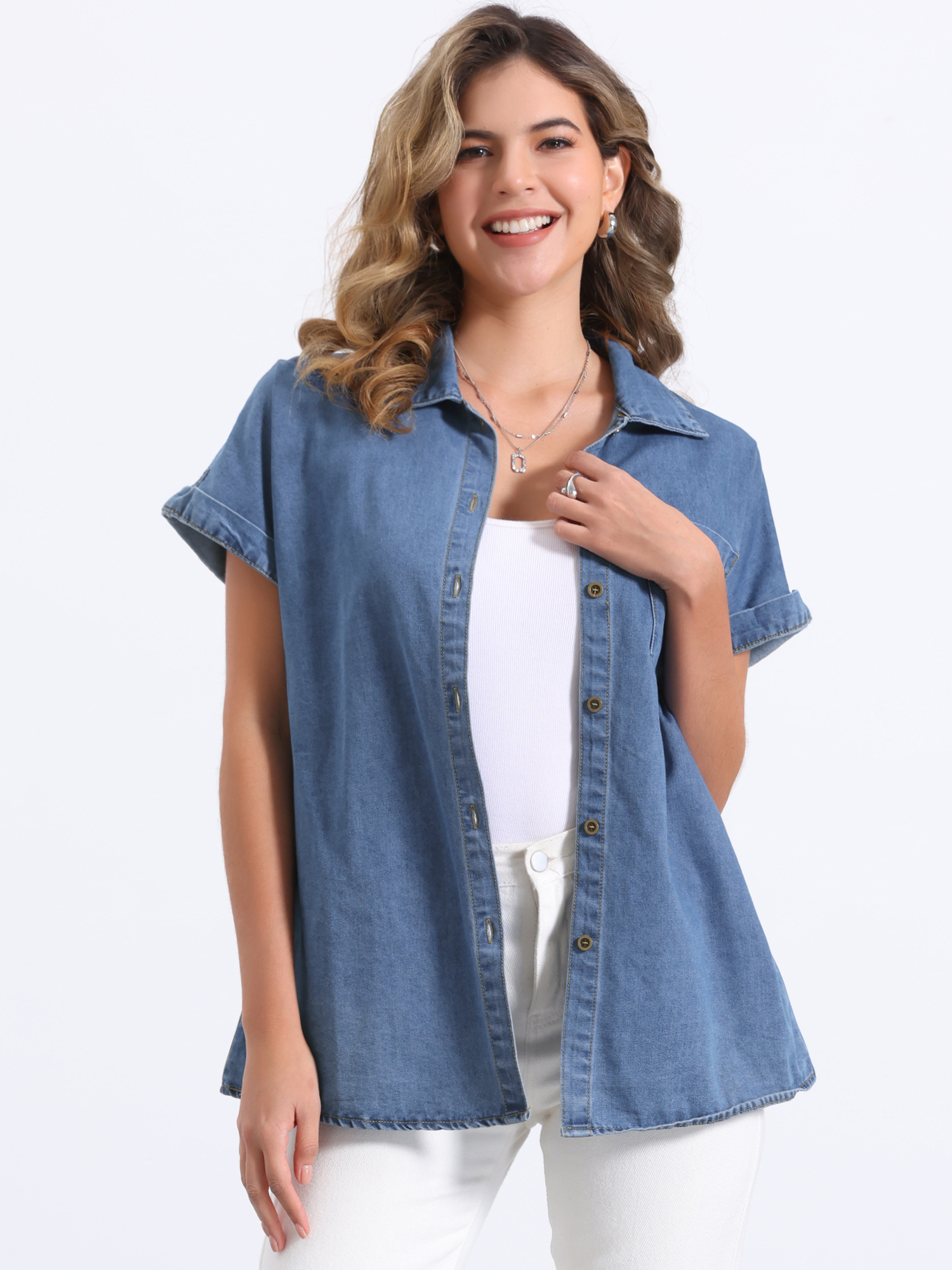 Denim Short Sleeve Button Down Classic Jean Shirt Blue/M