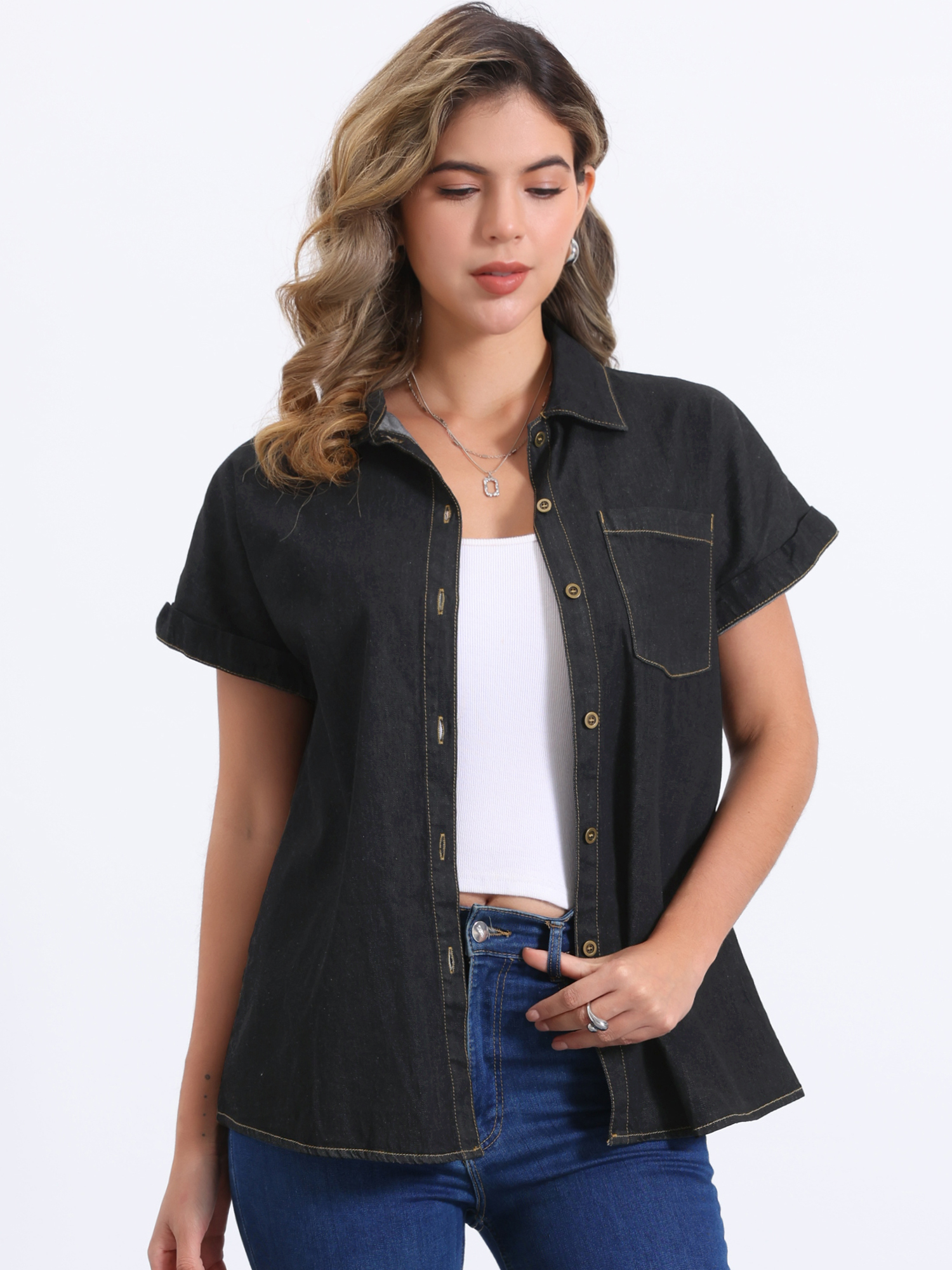 Denim Short Sleeve Button Down Classic Jean Shirt Black/XS