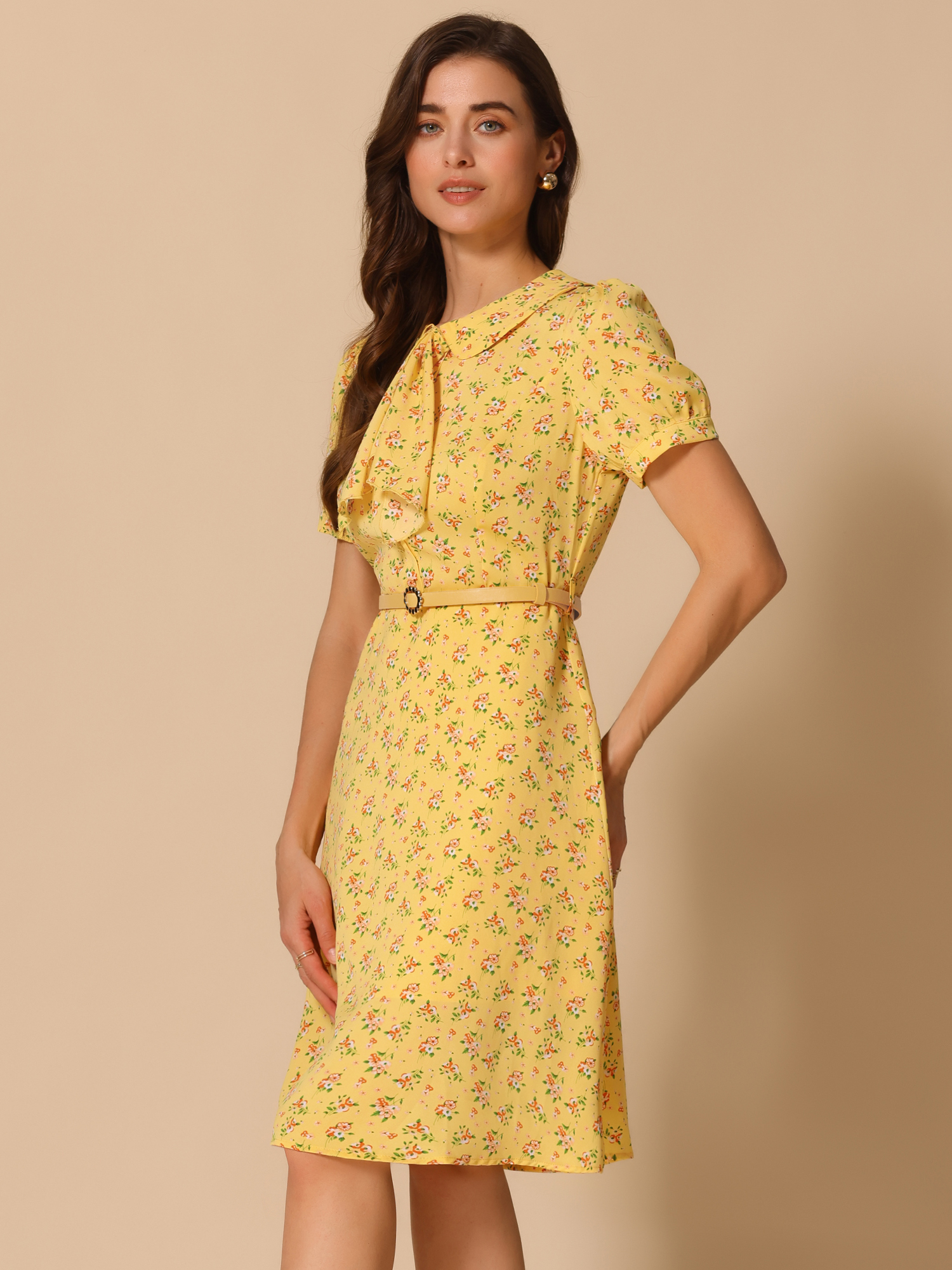 Peter Pan Collar Tie Neck Short Sleeve A-Line Belted Floral Dress Yellow/M