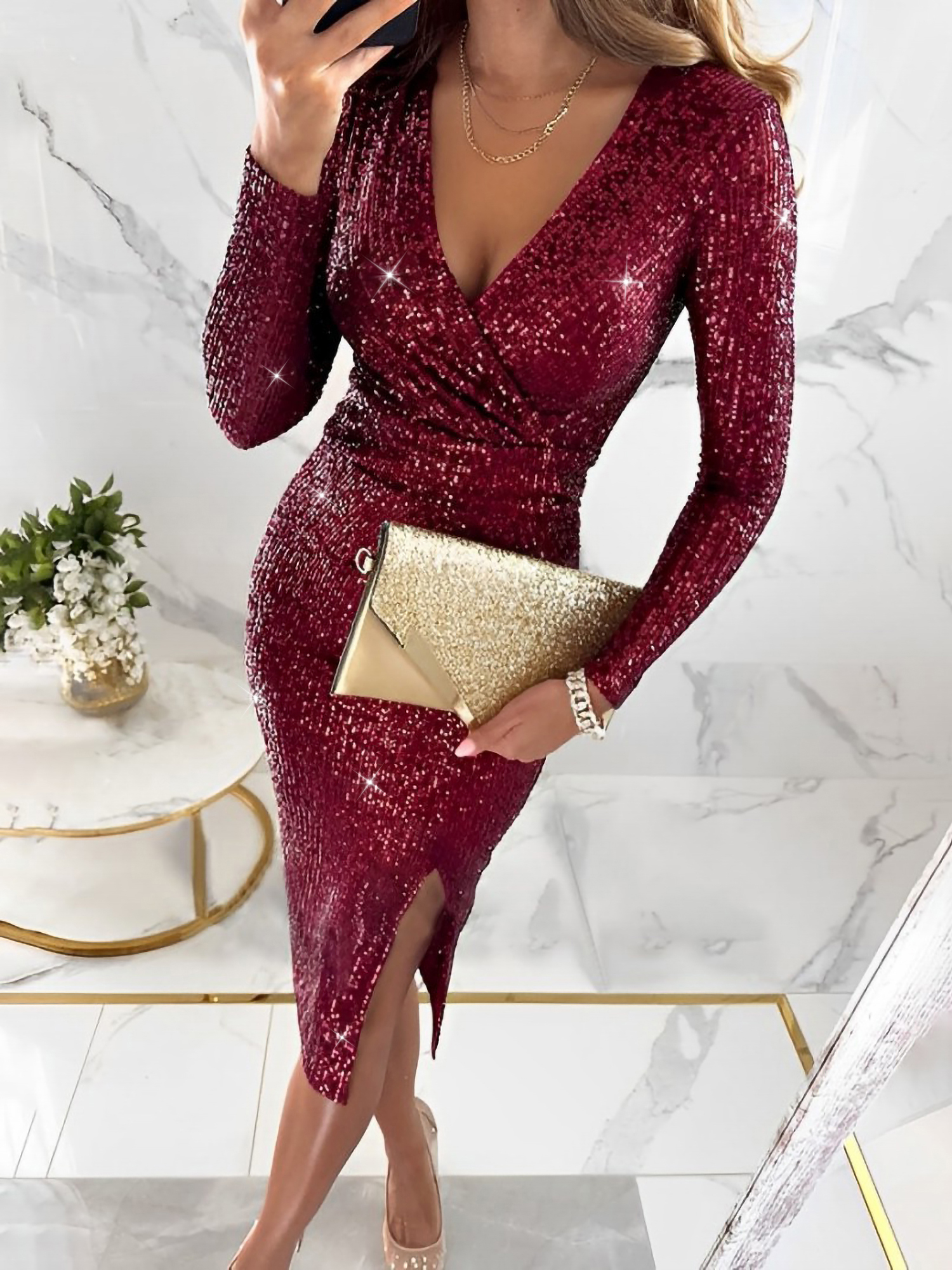 Sequin Glitter Silt Long Sleeves Bodycon Midi Dress Burgundy/XL