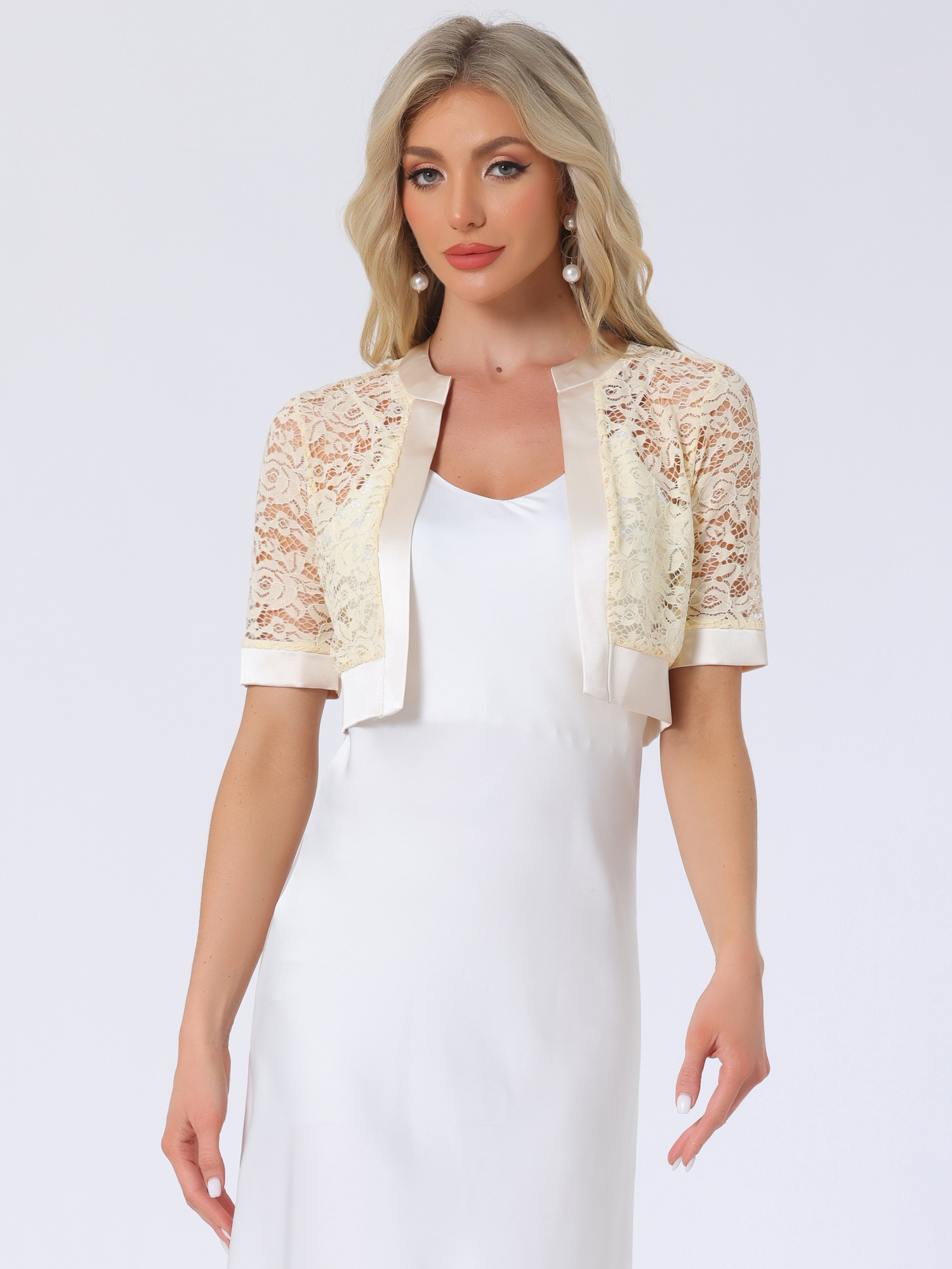 Panel Short Sleeve Sheer Lace Cropped Bolero Shrug Beige/S