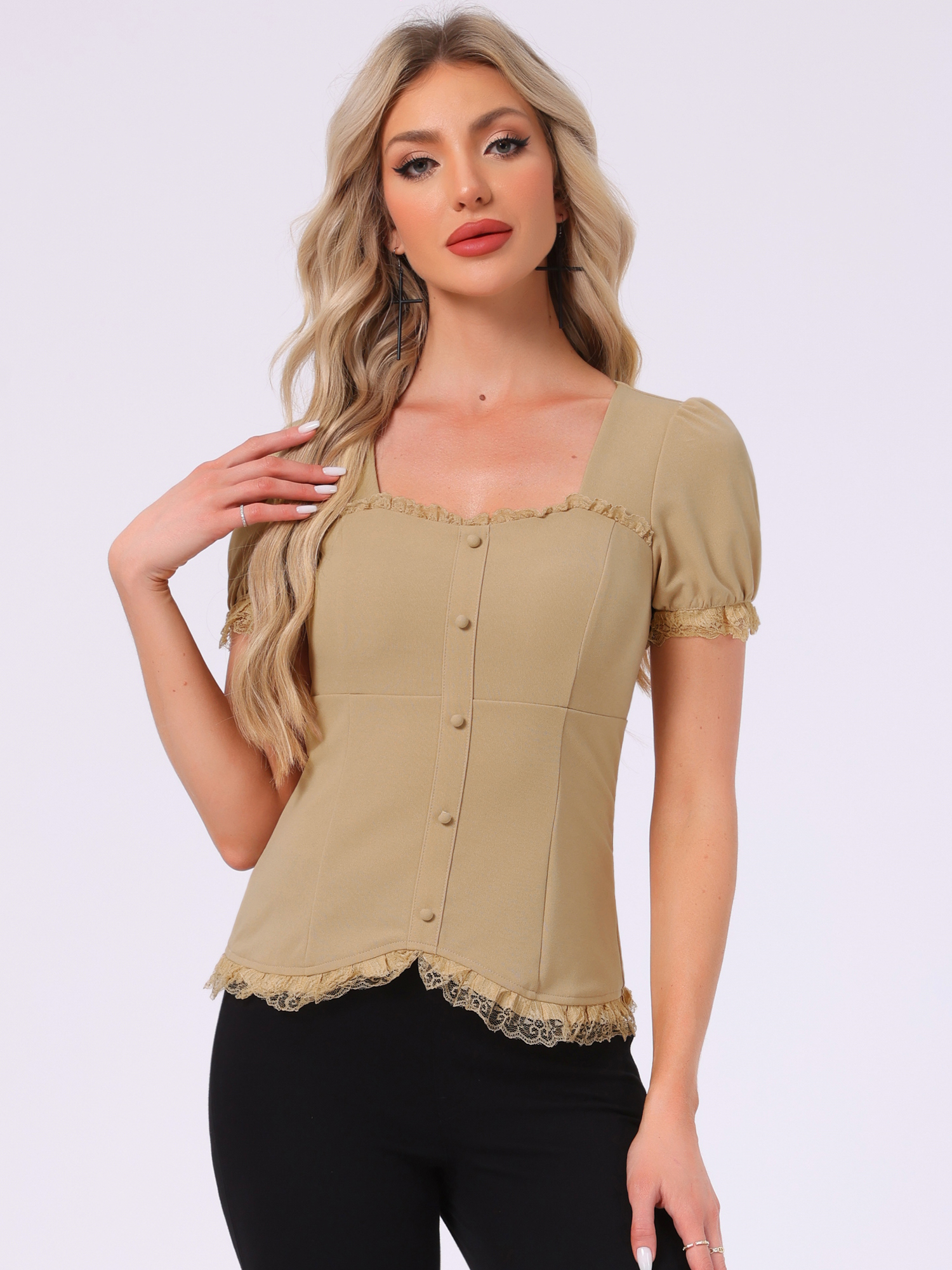 Sweetheart Neck Puff Short Sleeve Lace Up Gothic Blouse Khaki/L