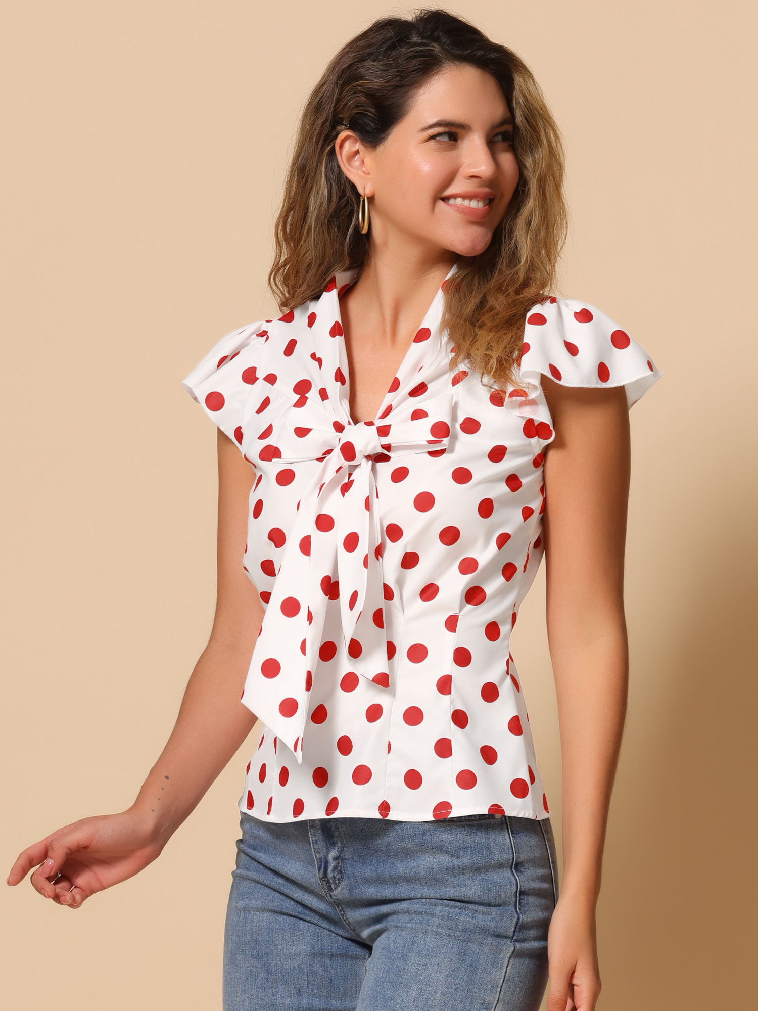 Summer Polka Dots Top Bow Tie V Neck Ruffled Cap Sleeve Office Blouse White Red/XL