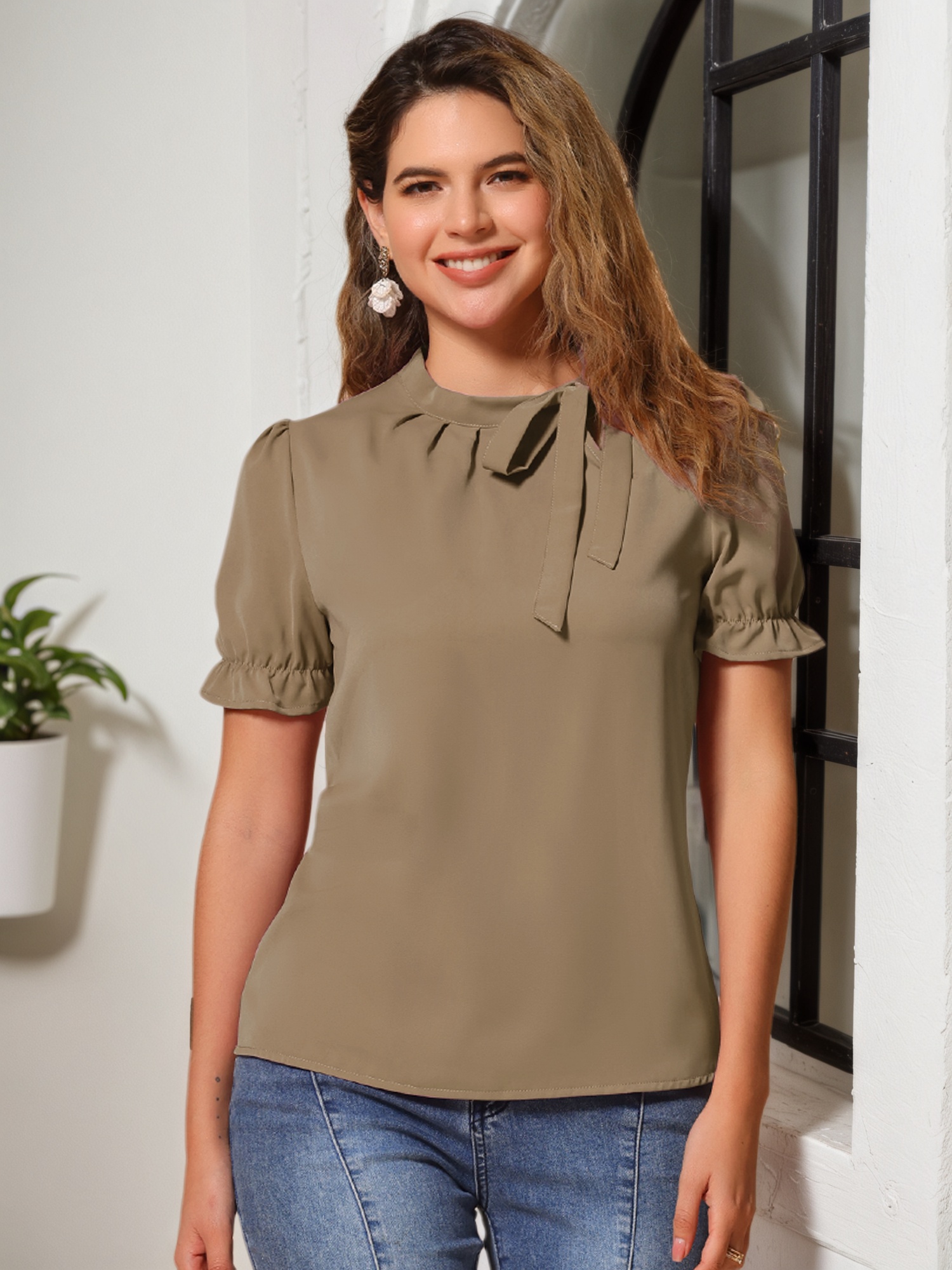 Bow Tie Neck Tops Elegant Office Short Sleeve Blouse Light Brown/XL
