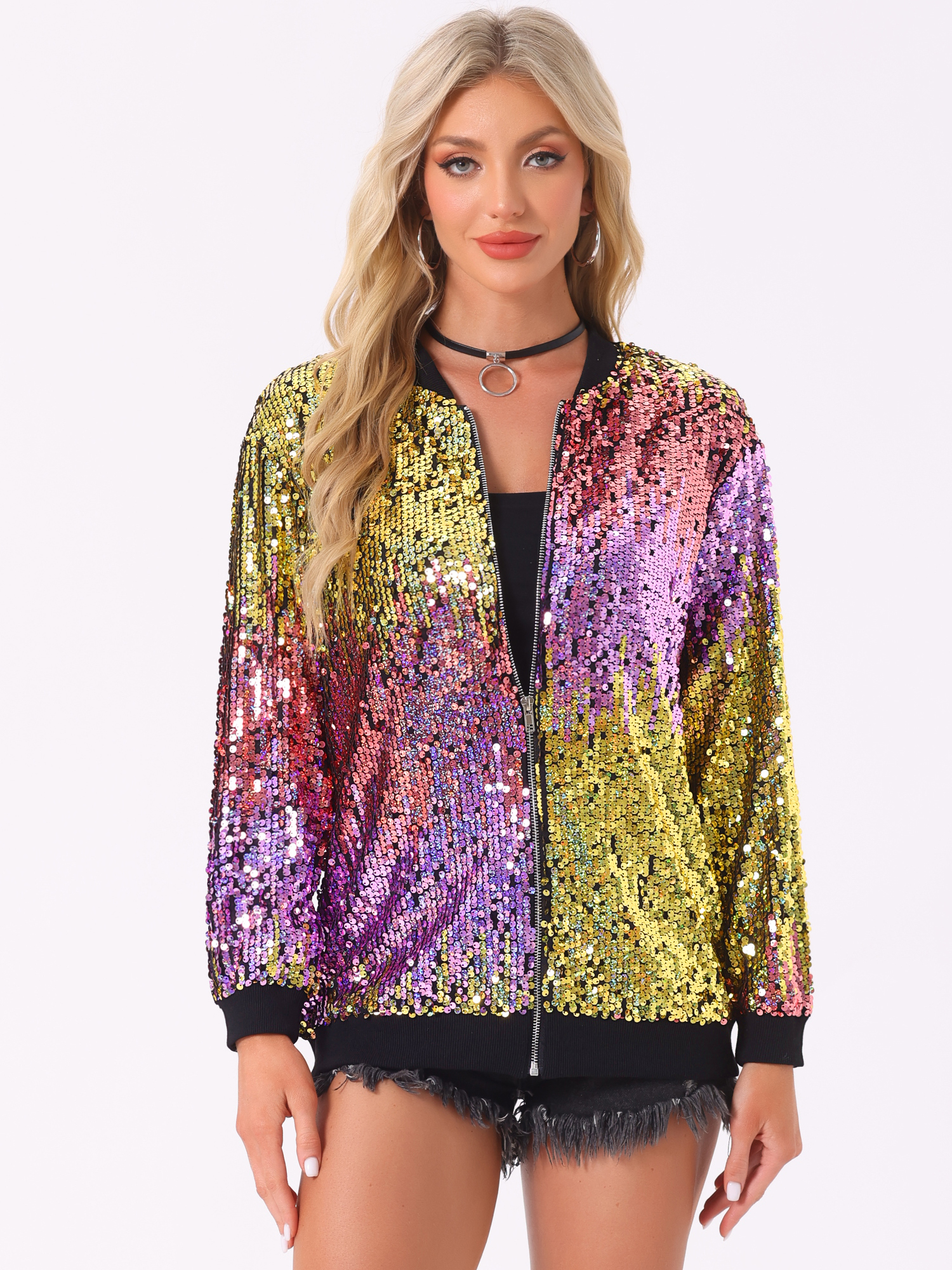Sequined Long Sleeve Party Zipper Bomber Jacket Pink Yellow/XL