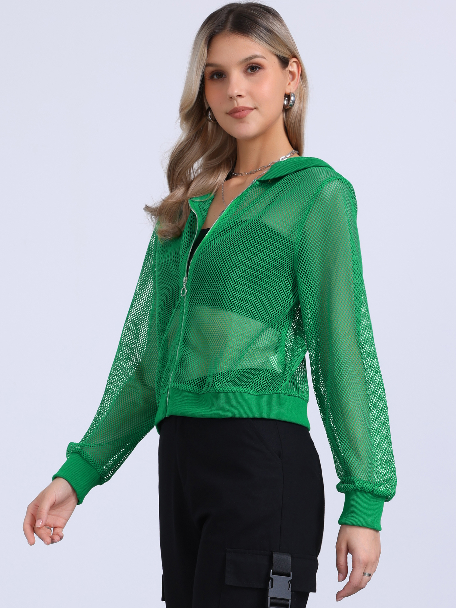 Zip Up Long Sleeve Mesh Sheer Hoodie Bomber Jackets Green/XL