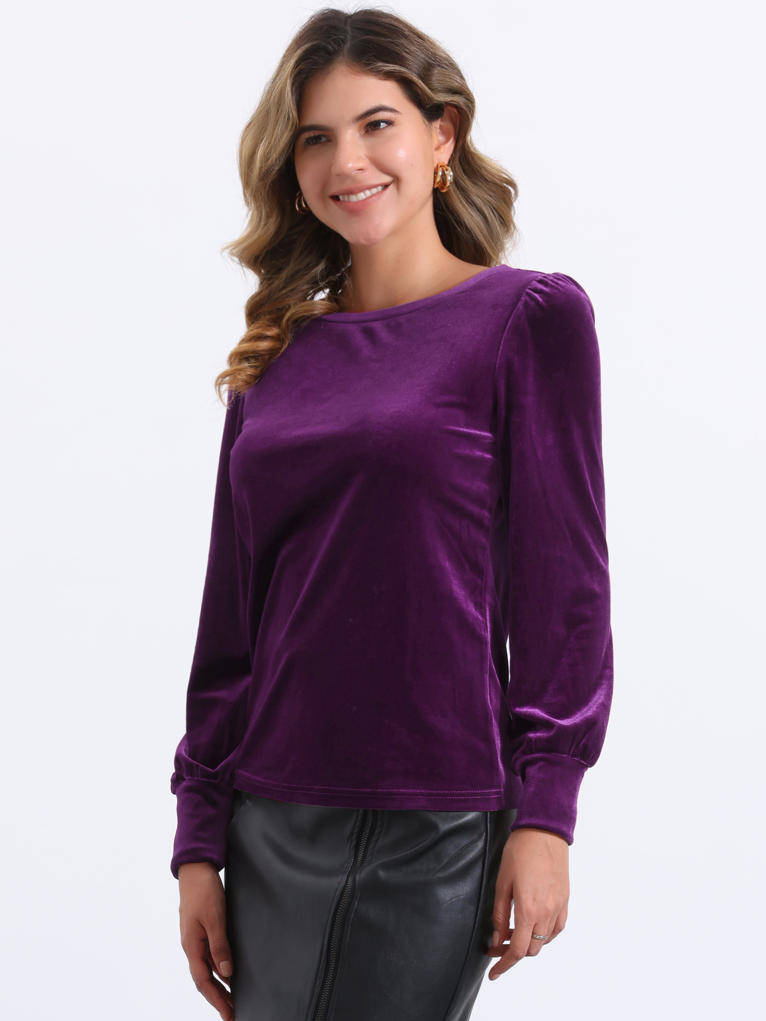 Velvet Round Neck Puff Long Sleeve Casual Pullover Blouse Purple/XS