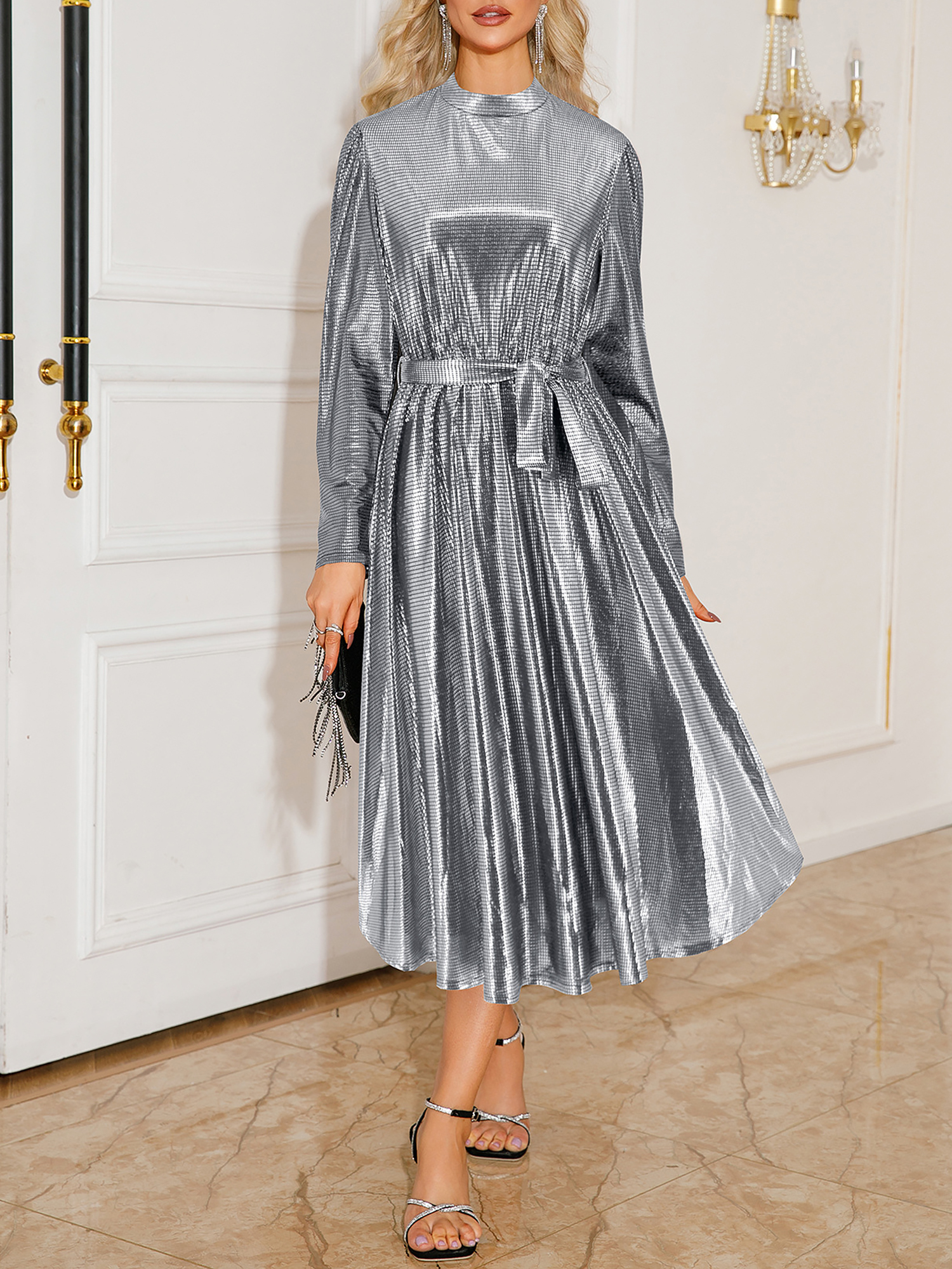 Metallic Plaid Shiny Long Sleeves Lace-Up Midi Dress Silver/S