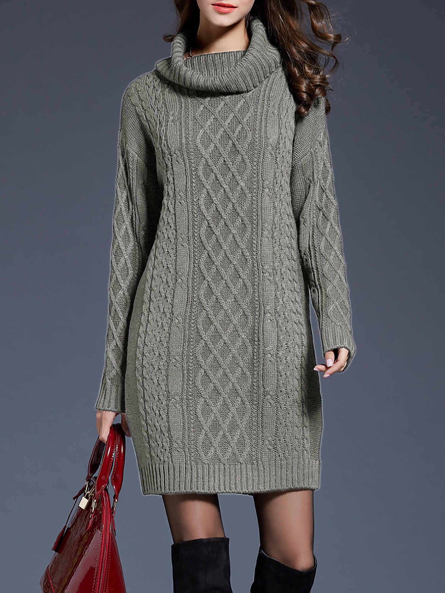 Turtle Neck Twist Knit Long Sleeves Mini Sweater Dress Dark Grey/M