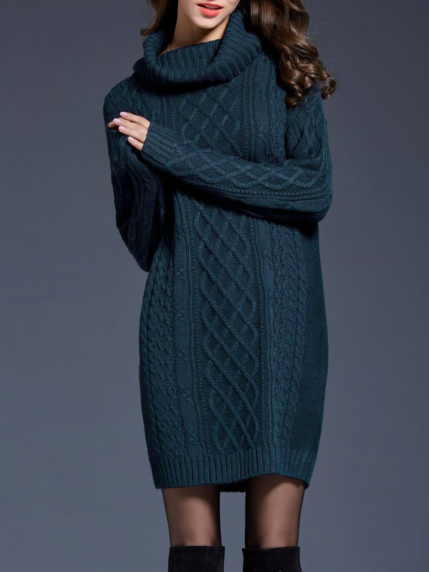Turtle Neck Twist Knit Long Sleeves Mini Sweater Dress Navy Blue/XL