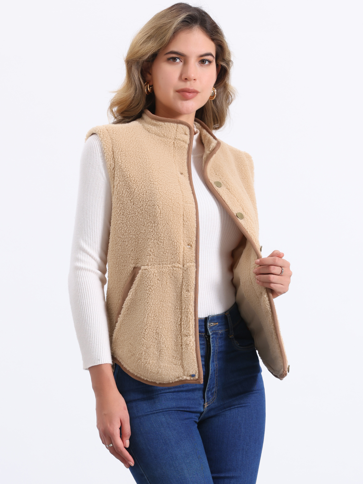 Fleece Plush Pockets Buttons Sleeveless Fuzzy Jacket Vest Brown/XL