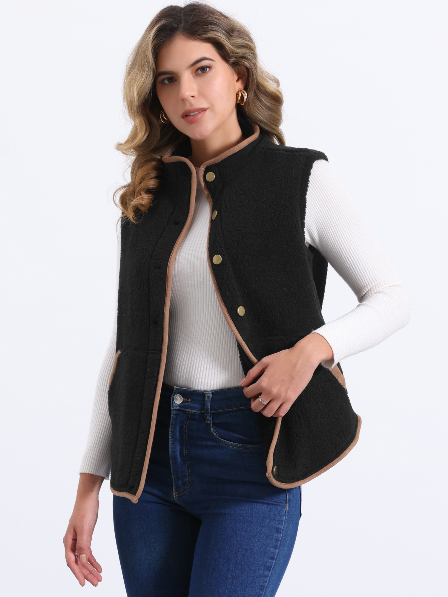 Fleece Plush Pockets Buttons Sleeveless Fuzzy Jacket Vest Black/L