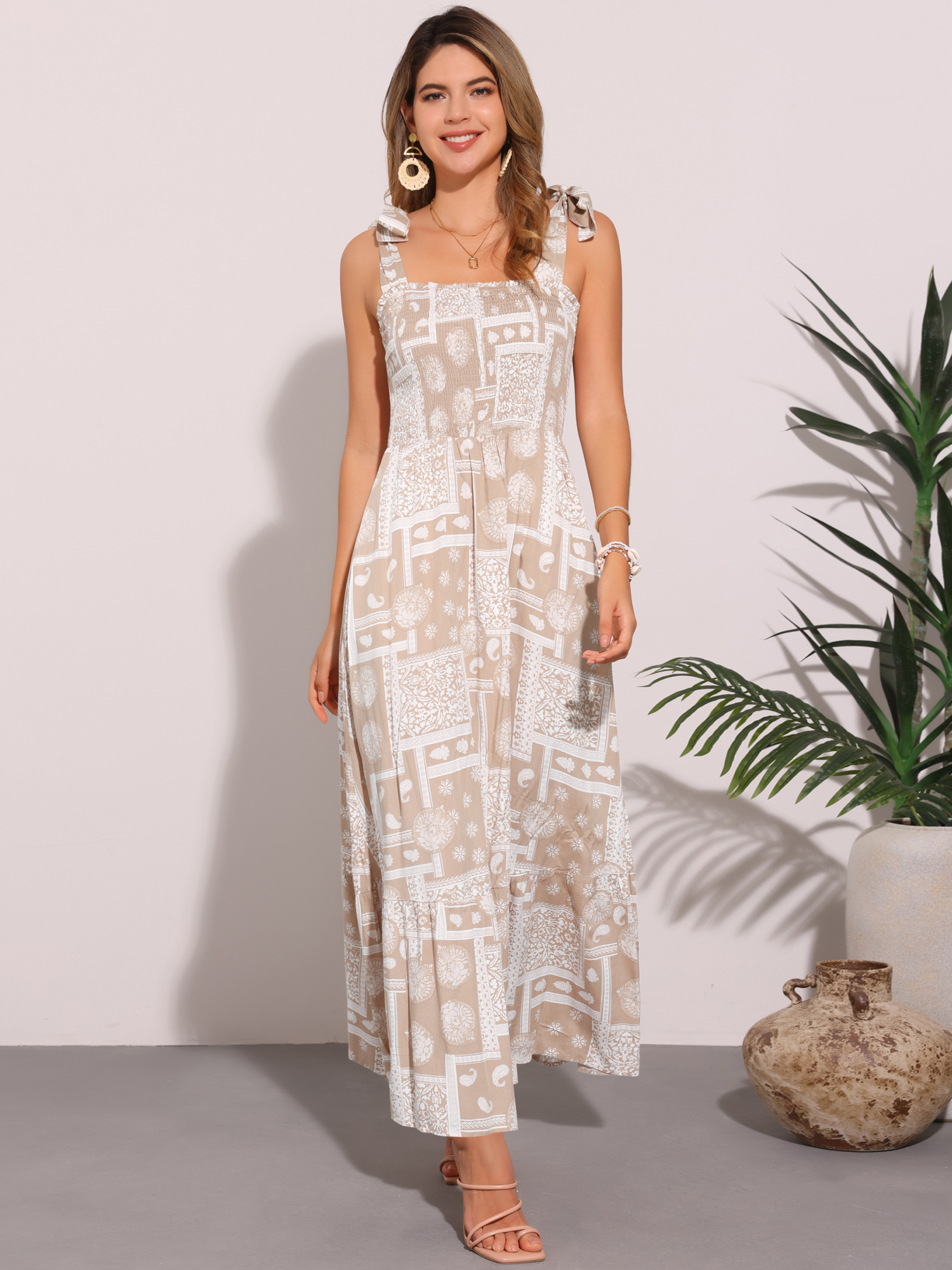 Tie Strap Square Neck Boho Floral Maxi Dress Khaki/M